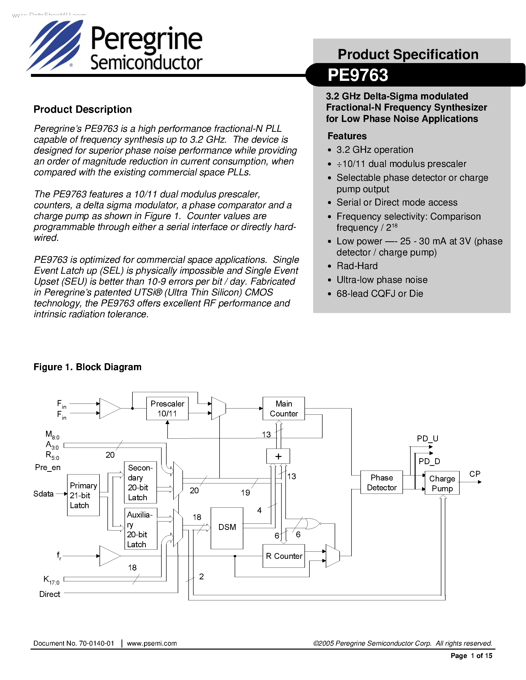 Даташит PE9763 - 3.2 GHz Delta-Sigma modulated Fractional-N Frequency Synthesizer страница 1