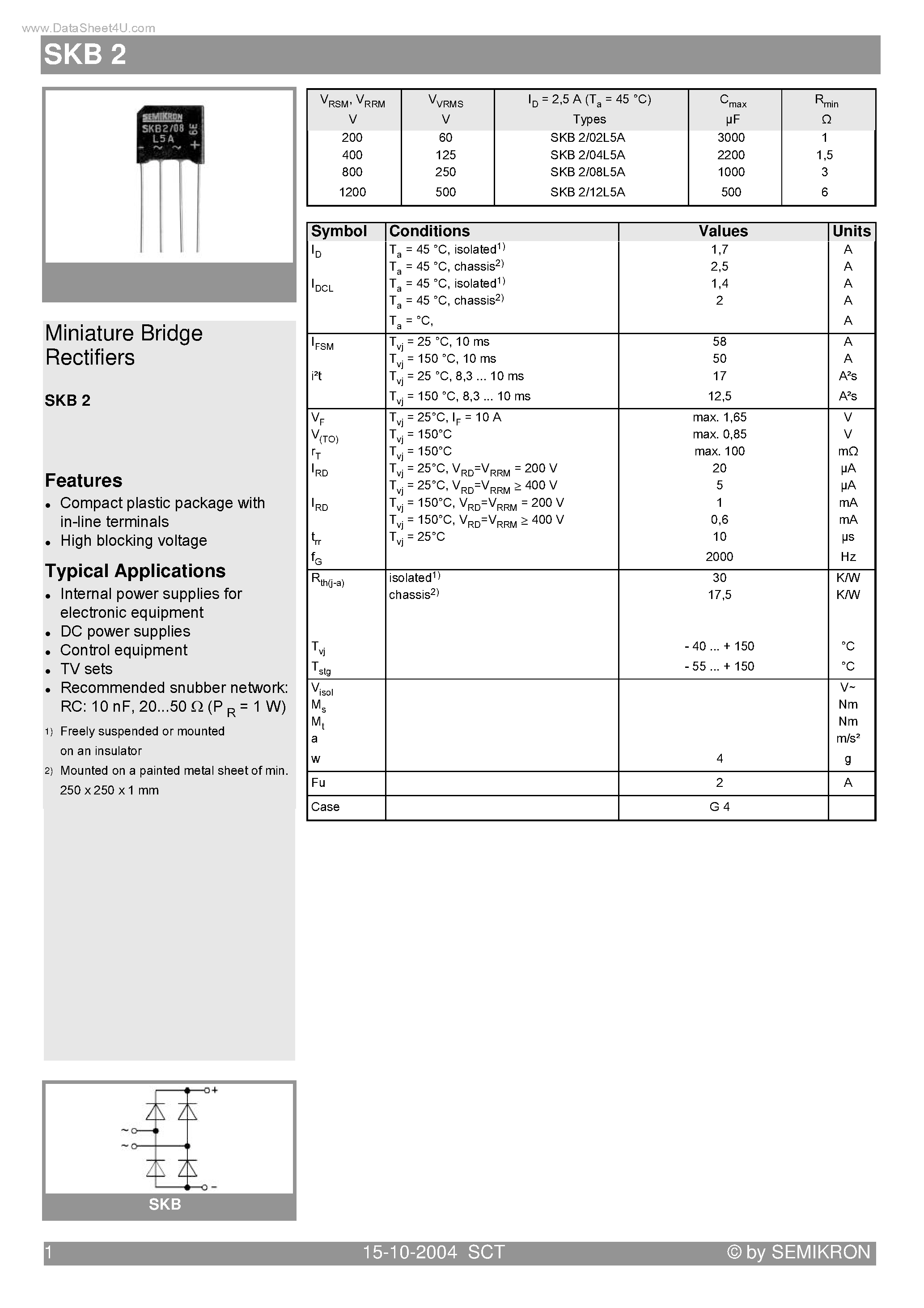 Datasheet SKB2 - Miniature Bridge Rectifiers page 1