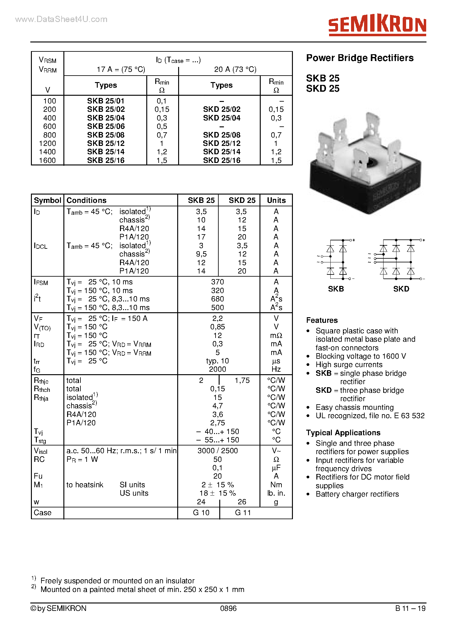 Datasheet SKB25 - Power Bridge Rectifiers page 1