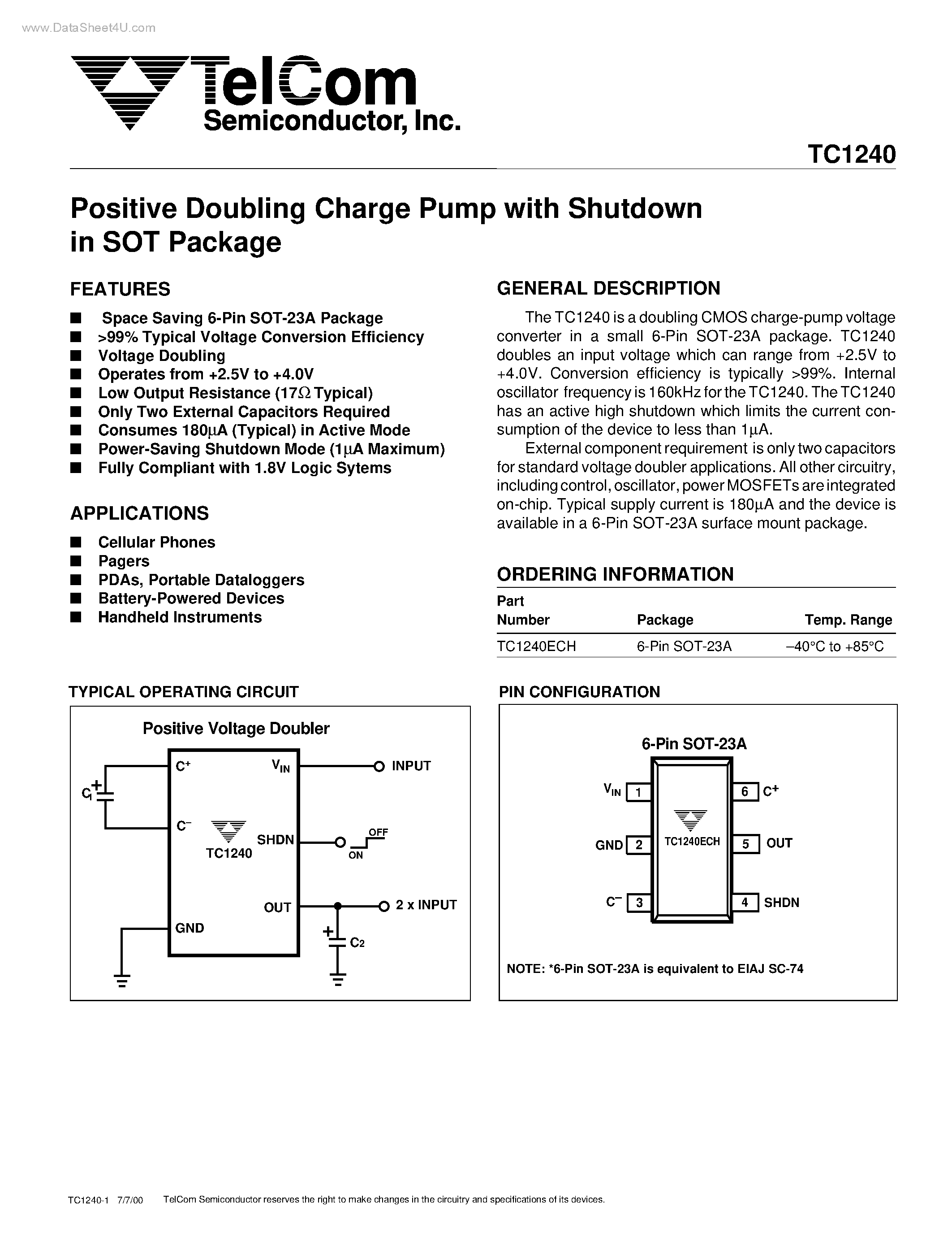 Datasheet TC1240 - Positive Doubling Charge Pump page 1