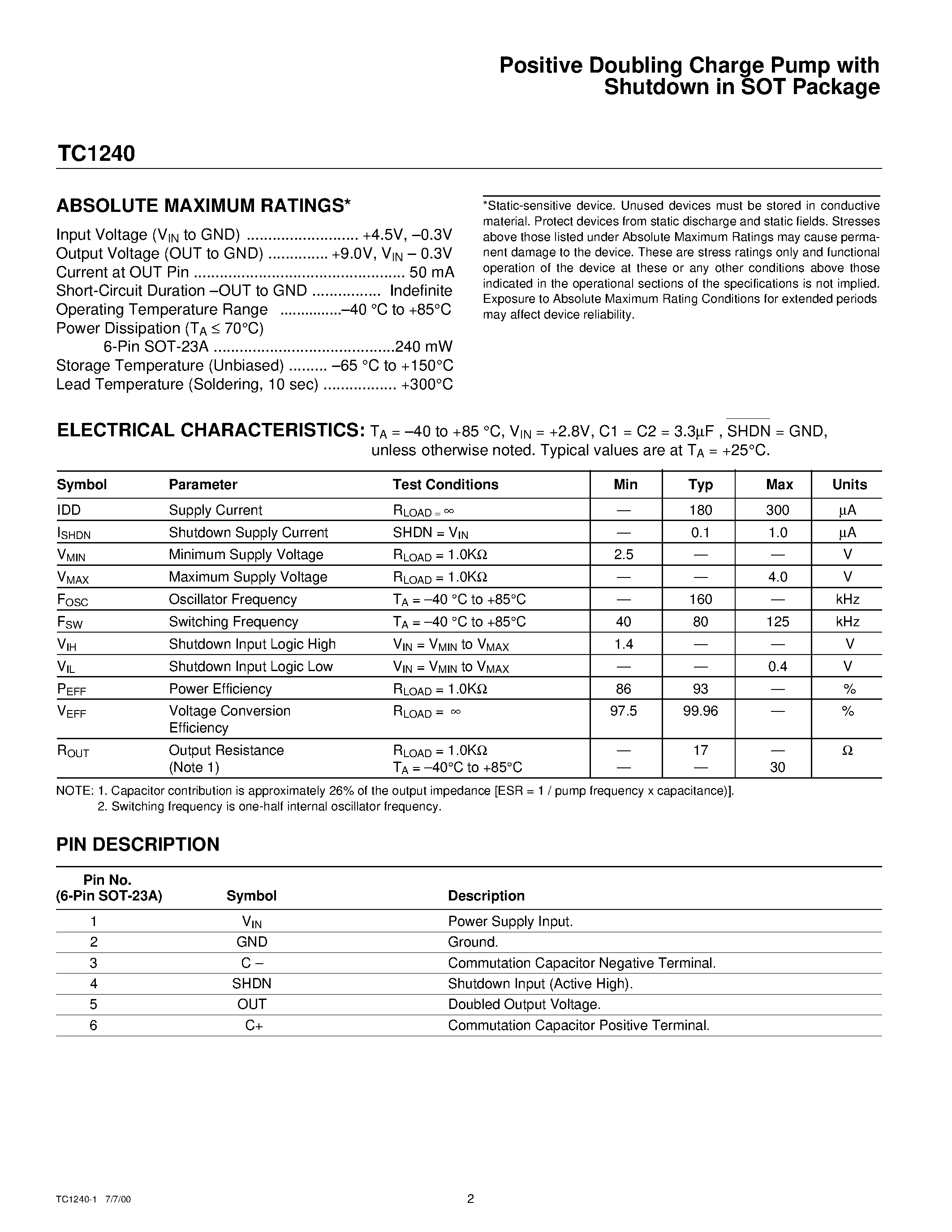 Datasheet TC1240 - Positive Doubling Charge Pump page 2