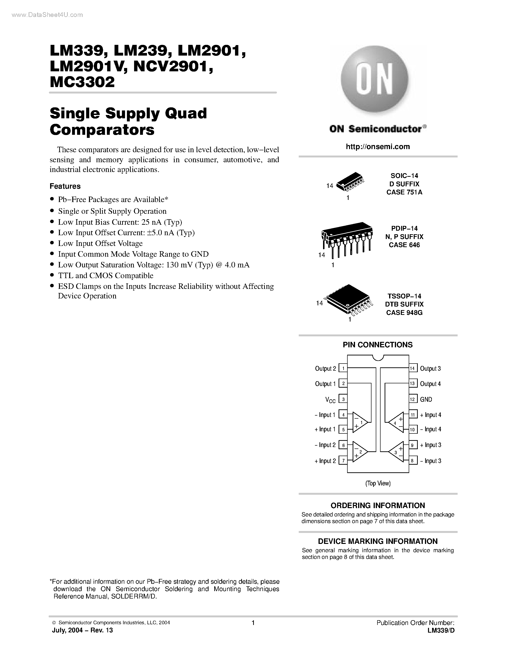 Datasheet LM339 - Single Supply Quad Comparators page 1