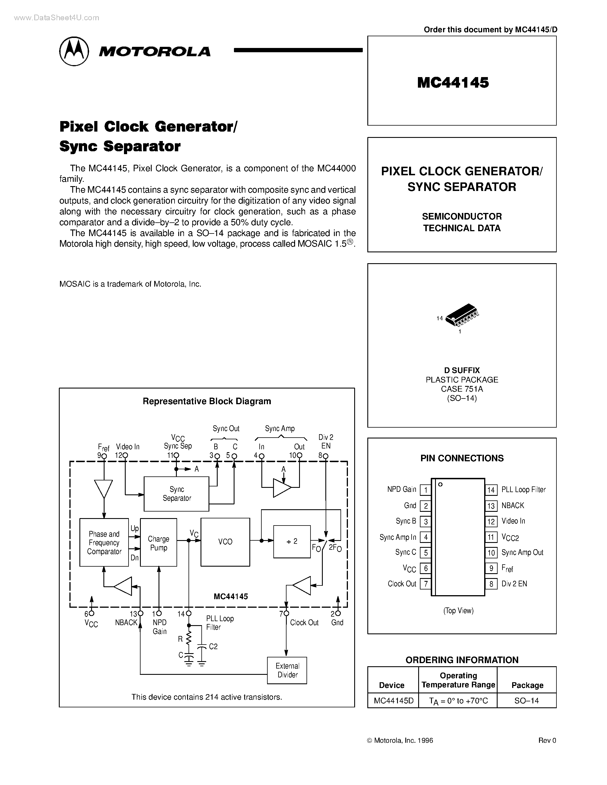 Datasheet MC44145 - PIXEL CLOCK GENERATOR / SYNC SEPARATOR page 1