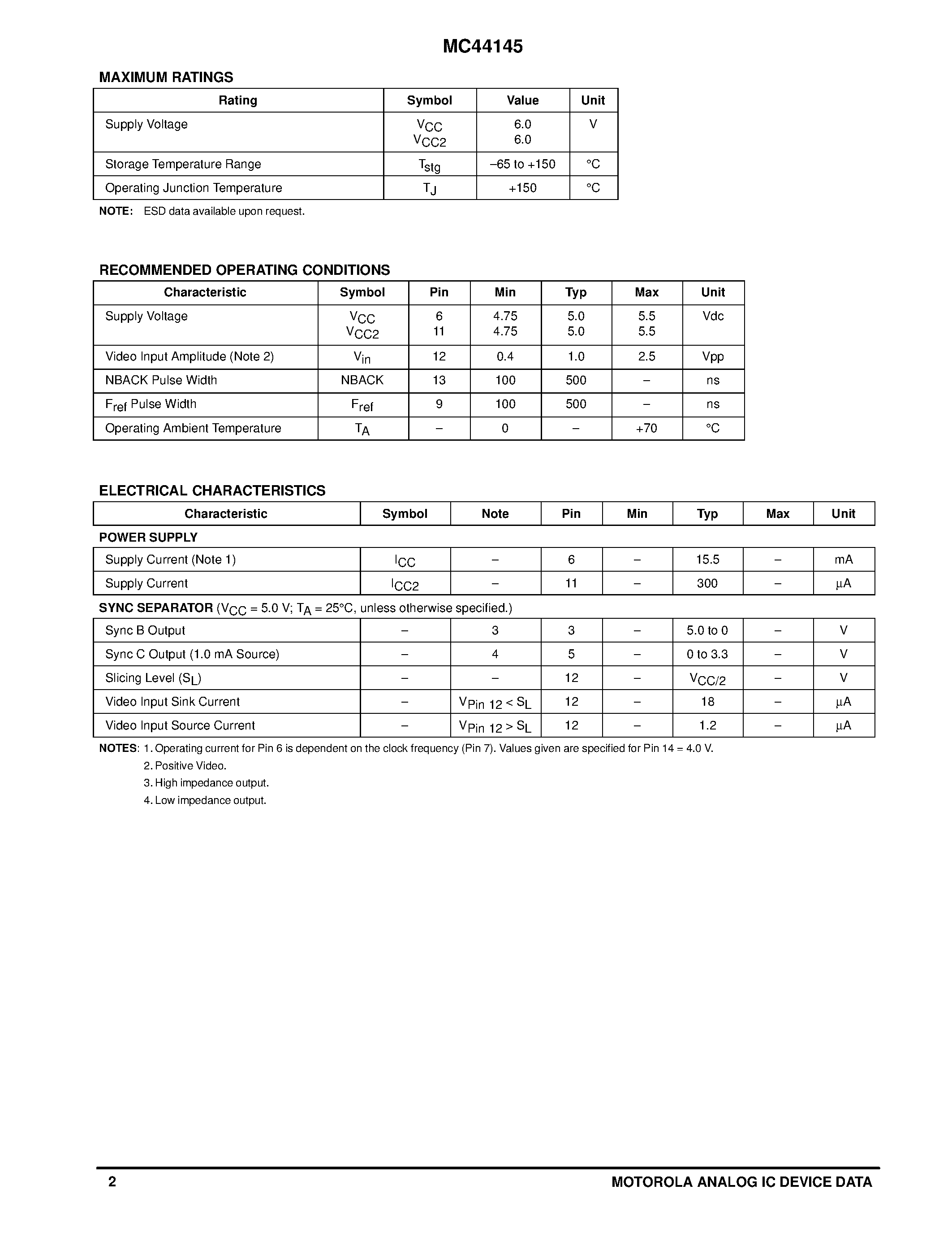 Datasheet MC44145 - PIXEL CLOCK GENERATOR / SYNC SEPARATOR page 2