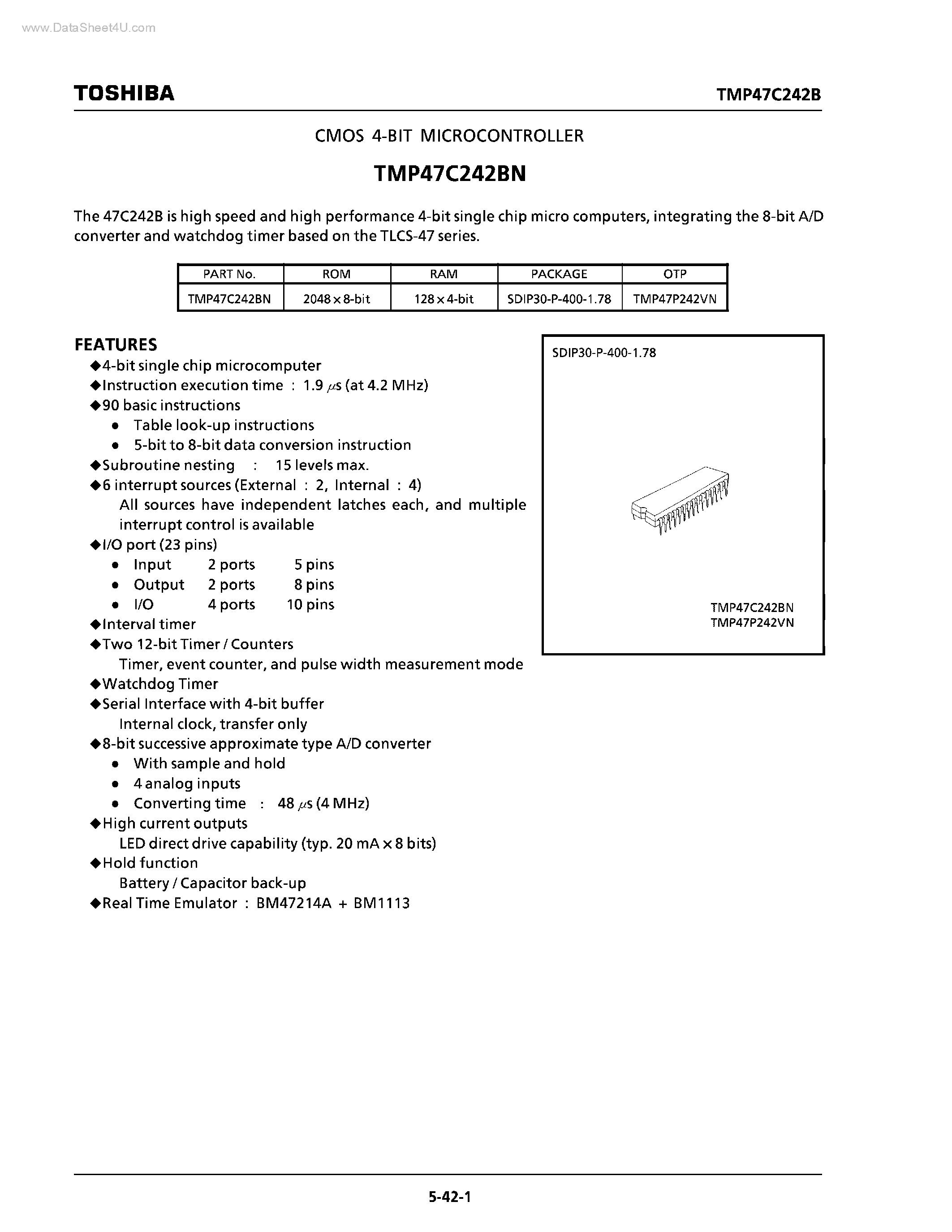 Datasheet TMP47C242BN - CMOS 4-BIT MICROCONTROLLER page 1