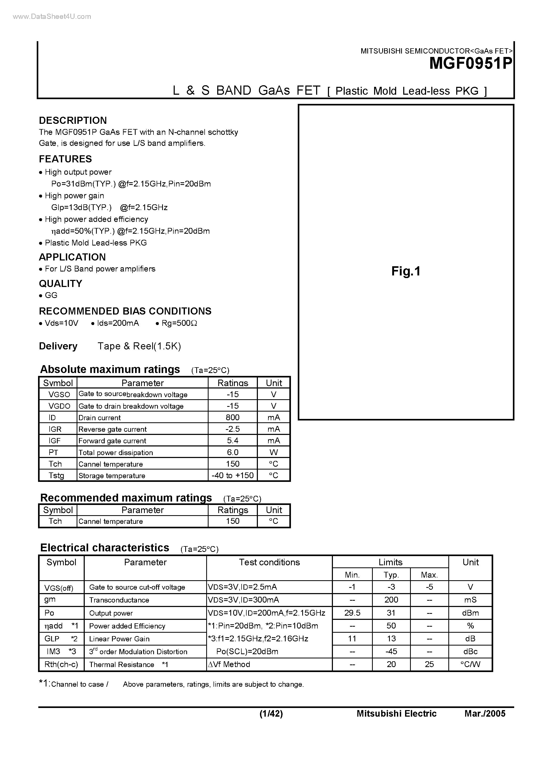 Datasheet MGF0951P - L & S BAND GaAs FET page 1