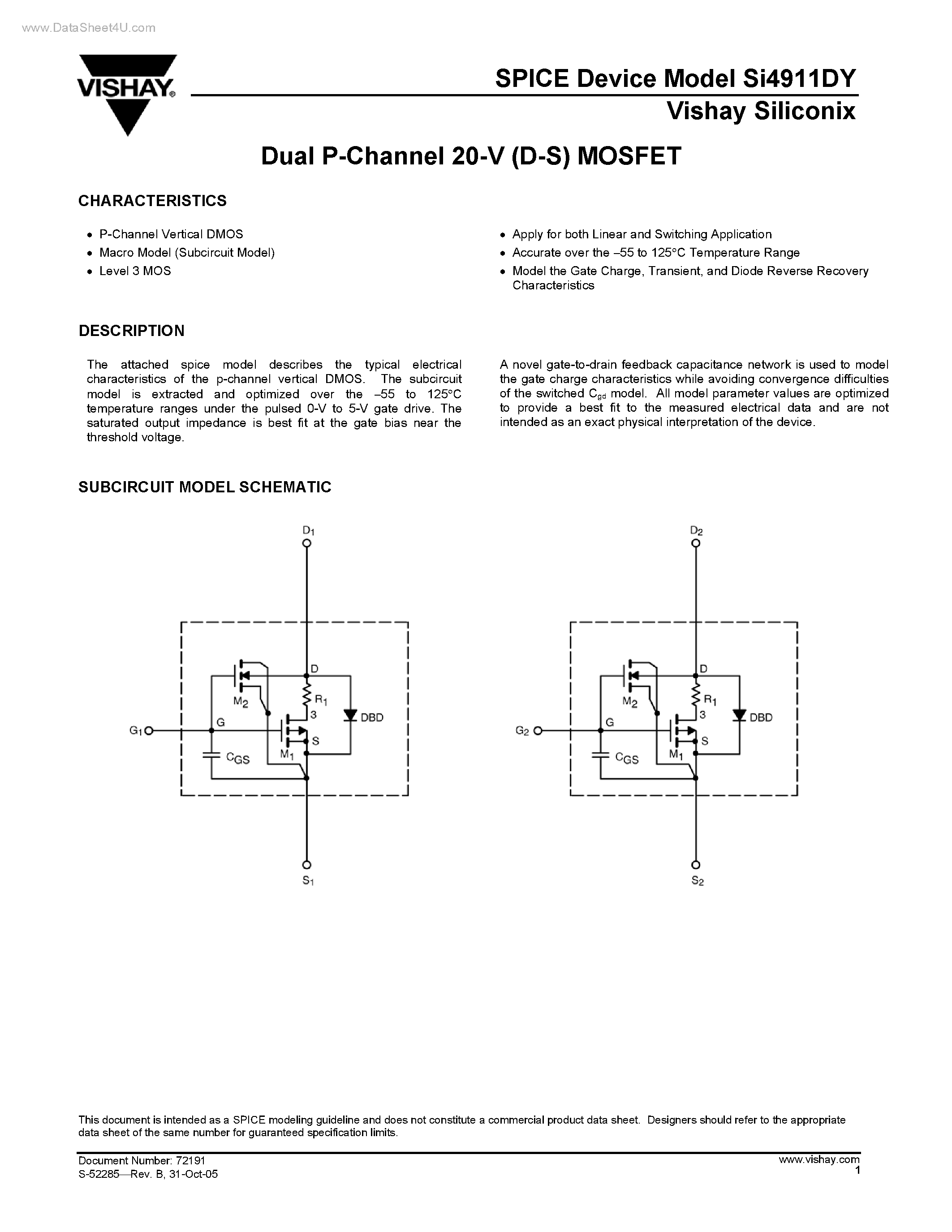 Даташит SI4911DY - Dual P-Channel 20-V (D-S) MOSFET страница 1