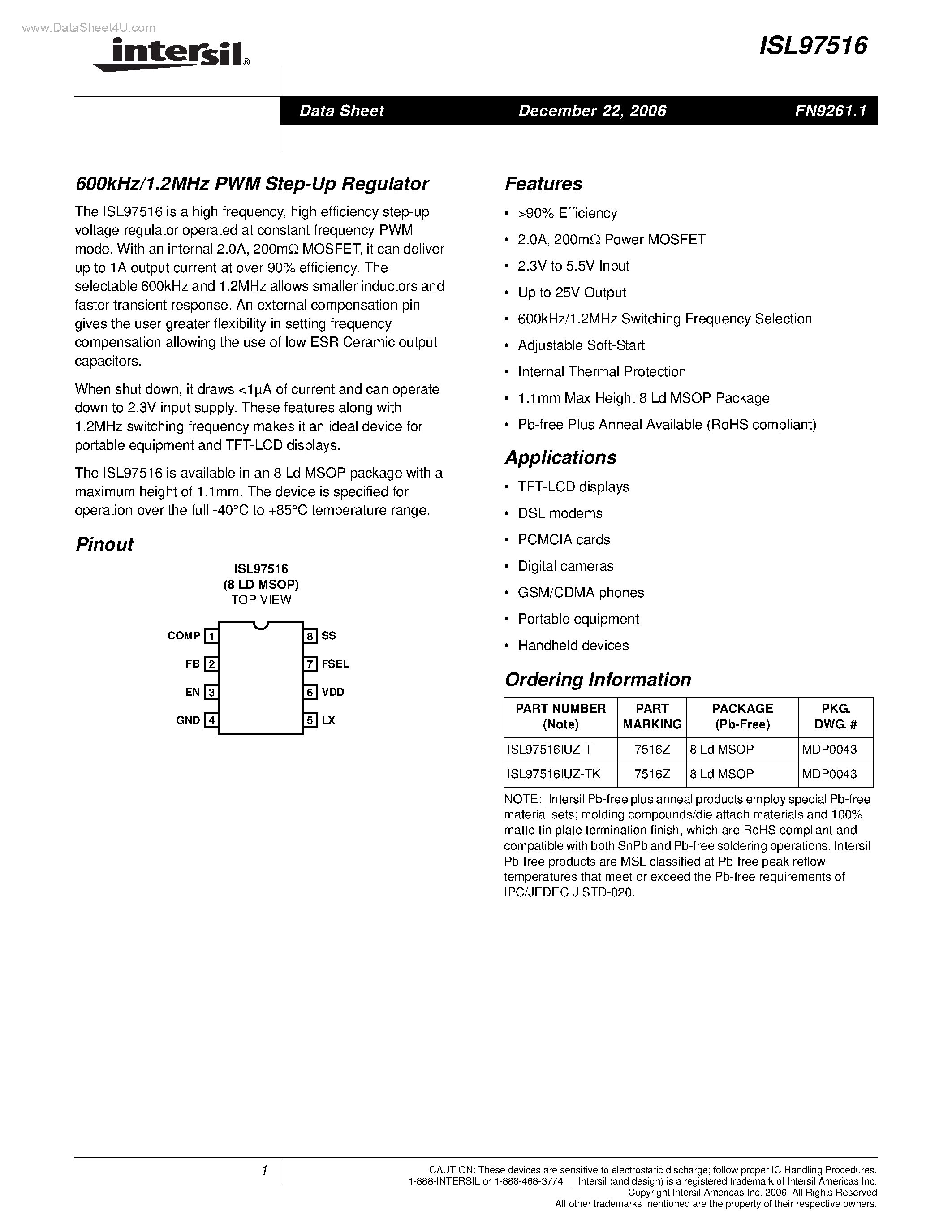 Datasheet ISL97516 - PWM Step-Up Regulator page 1