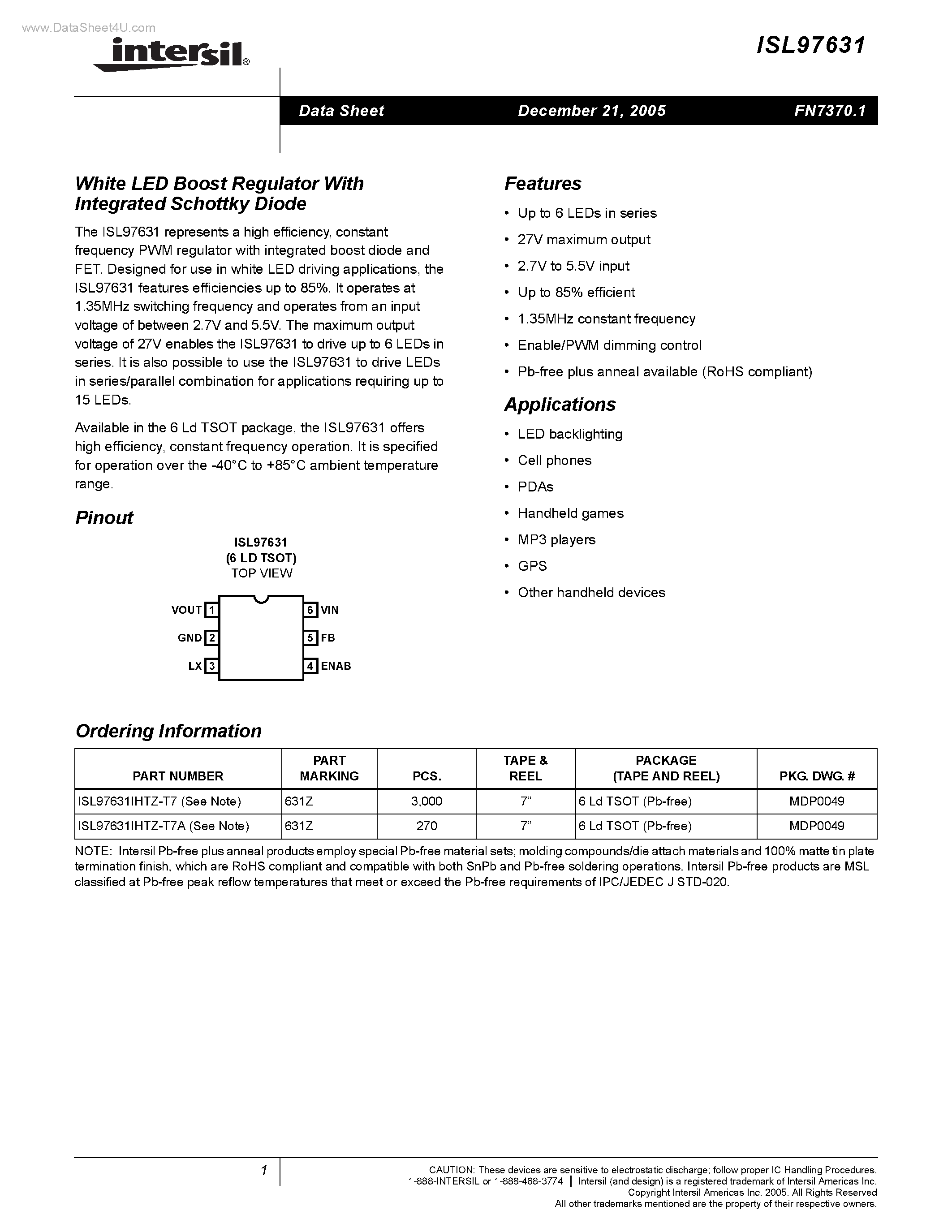 Datasheet ISL97631 - White LED Boost Regulator page 1