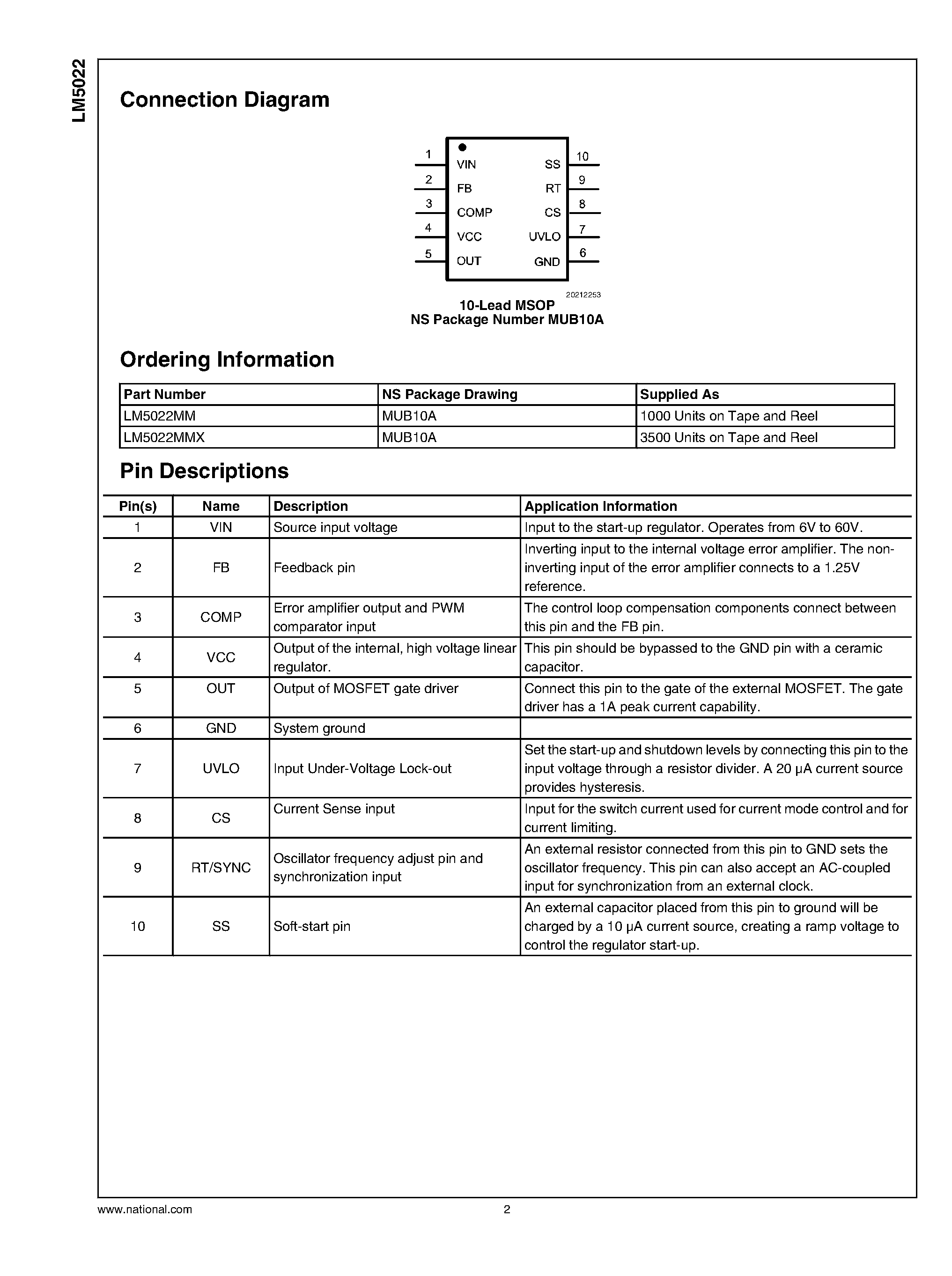 Datasheet LM5022 - 60V Low Side Controller page 2