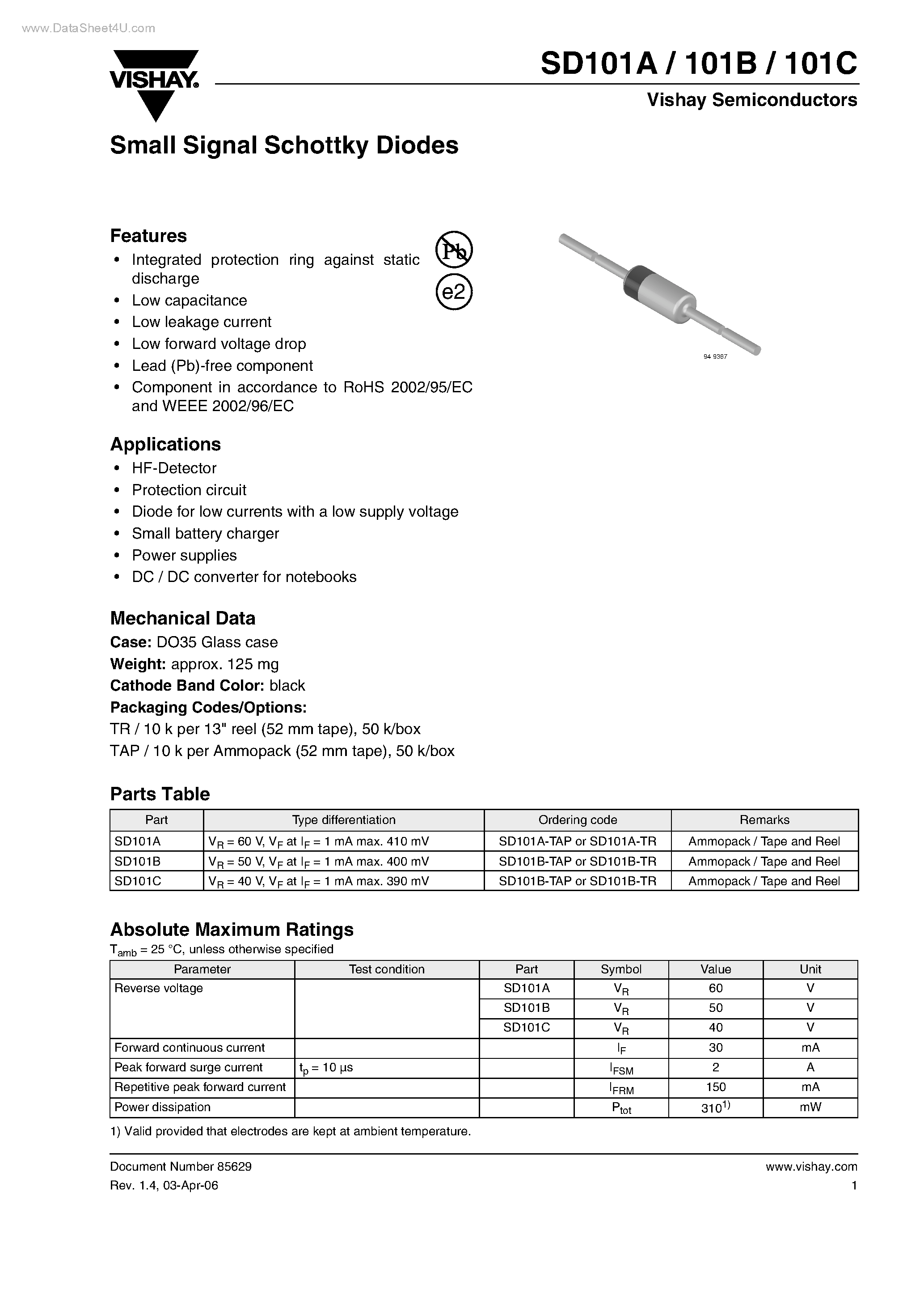 Datasheet SD101A - (SD101x) Small Signal Schottky Diodes page 1