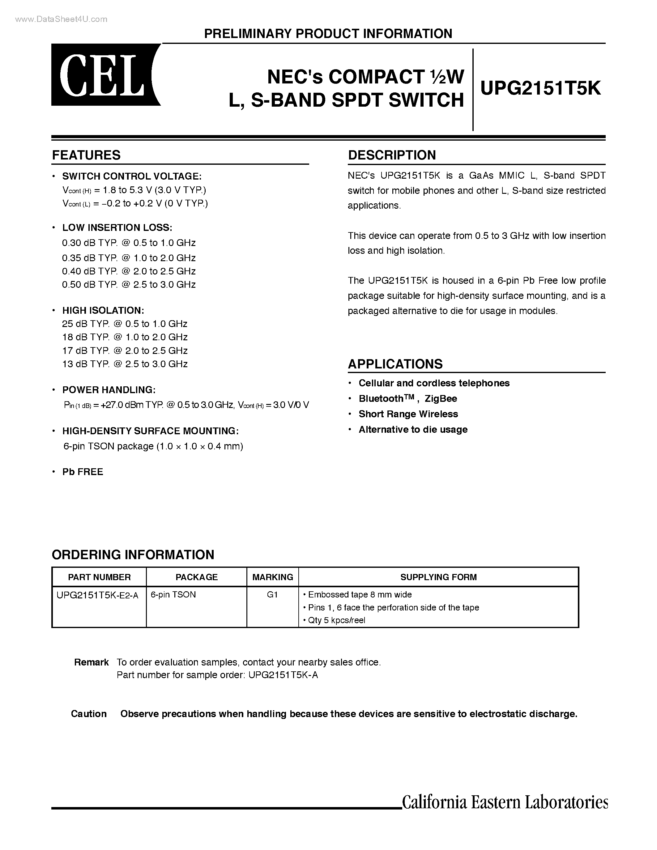 Даташит UPG2151T5K - S-BAND SPDT SWITCH страница 1