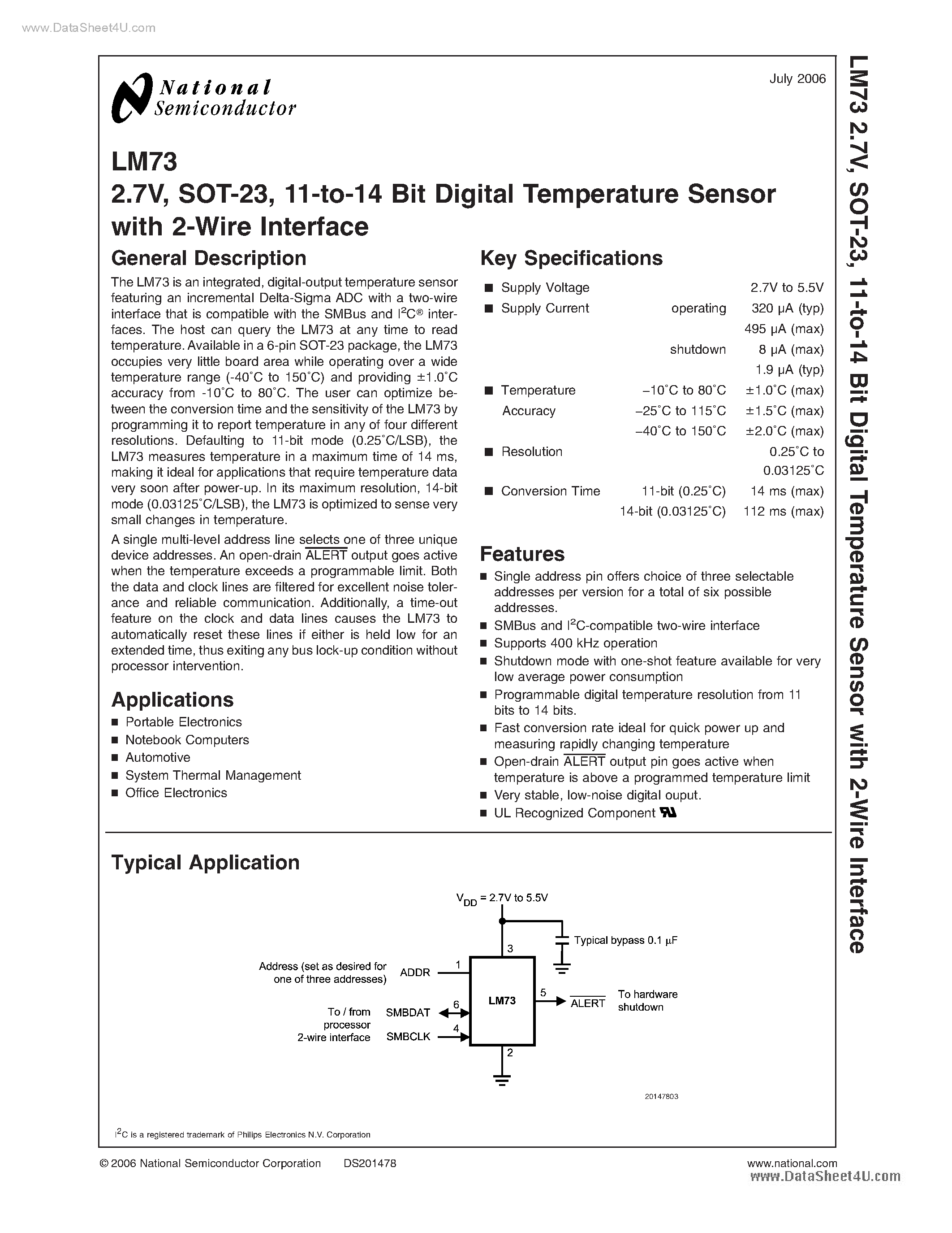 Даташит LM73 - digital-output temperature sensor featuring an incremental Delta-Sigma ADC страница 1