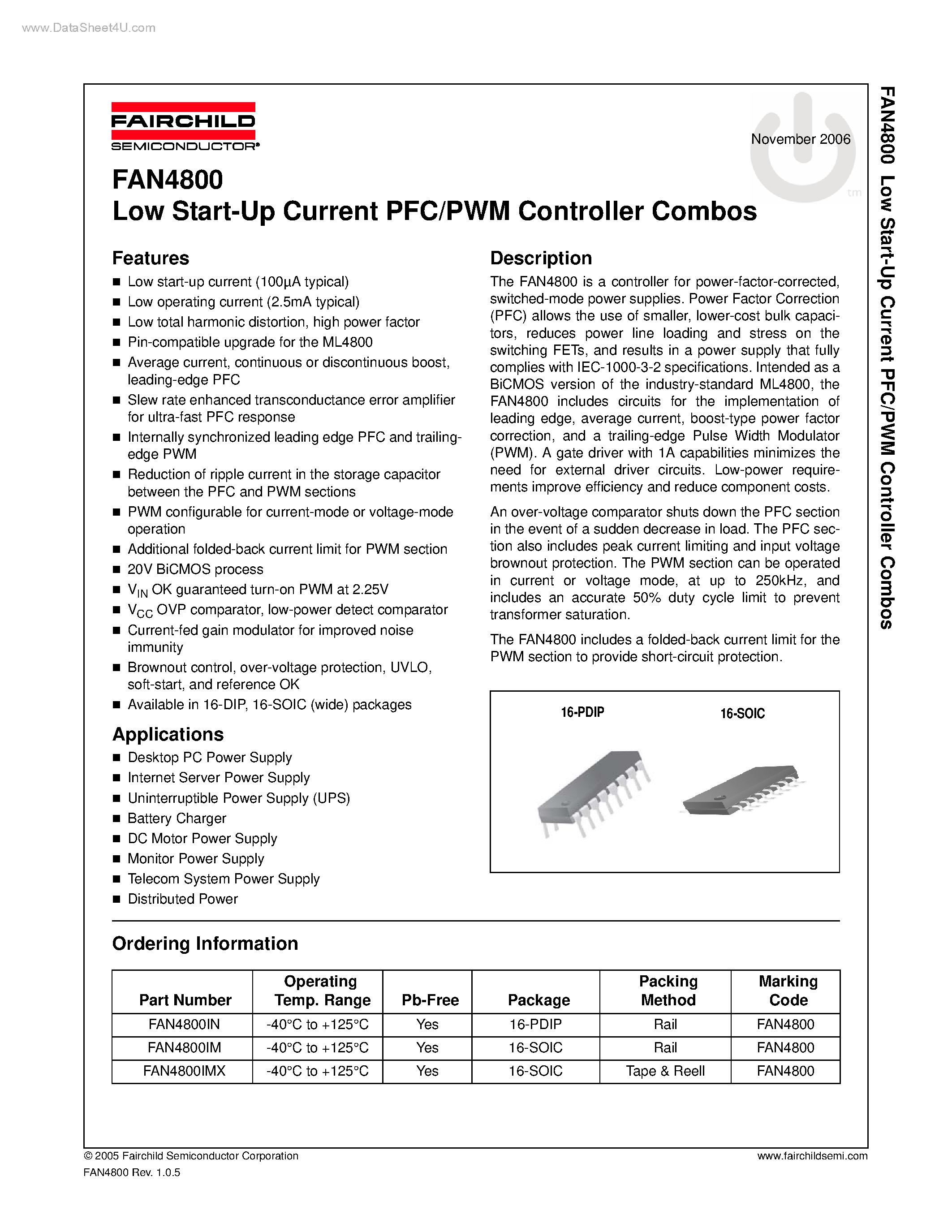 Даташит FAN4800 - Low Start-Up Current PFC/PWM Controller Combos страница 1