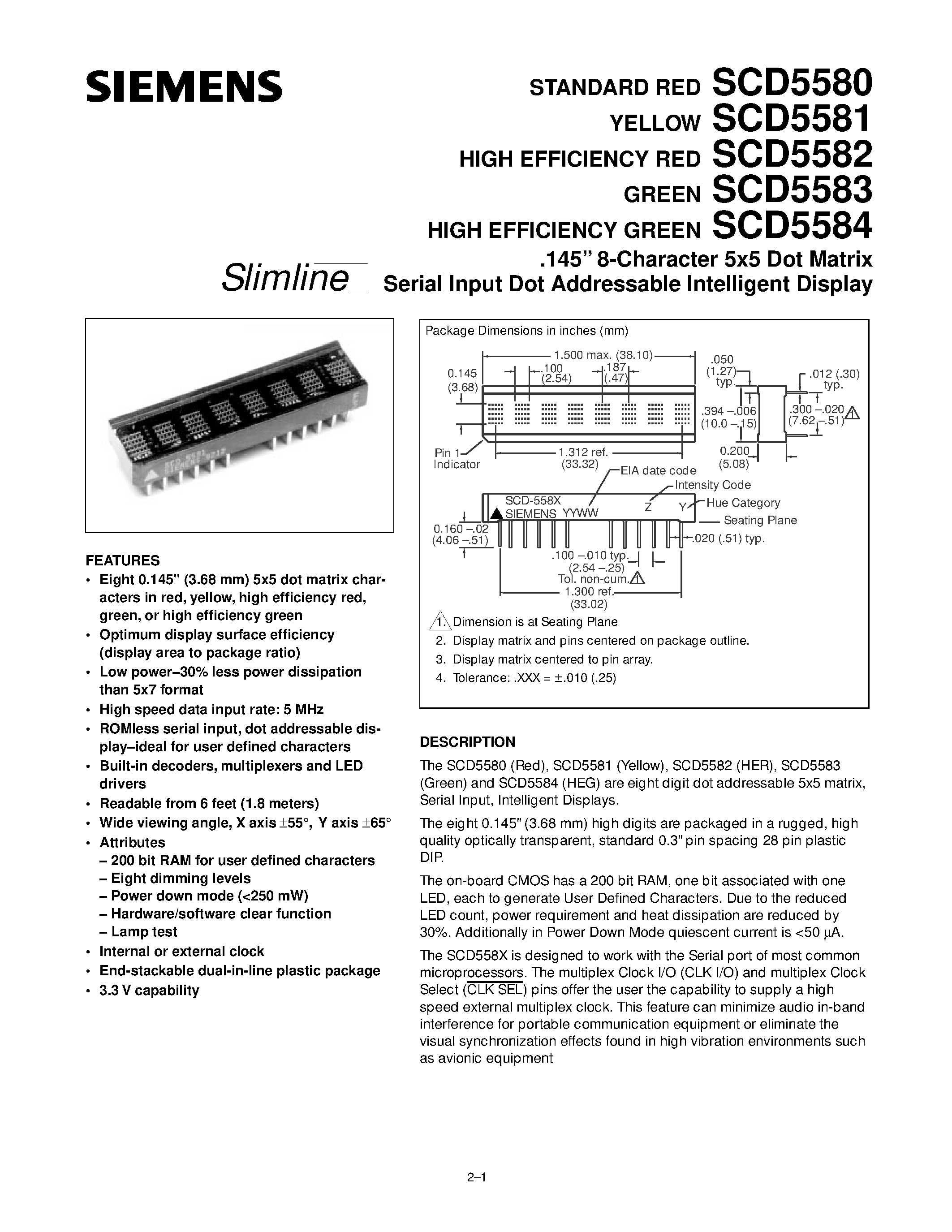 Даташит SCD5580 - (SCD5580 - SCD5584) Serial Input Dot Addressable Intelligent Display страница 1