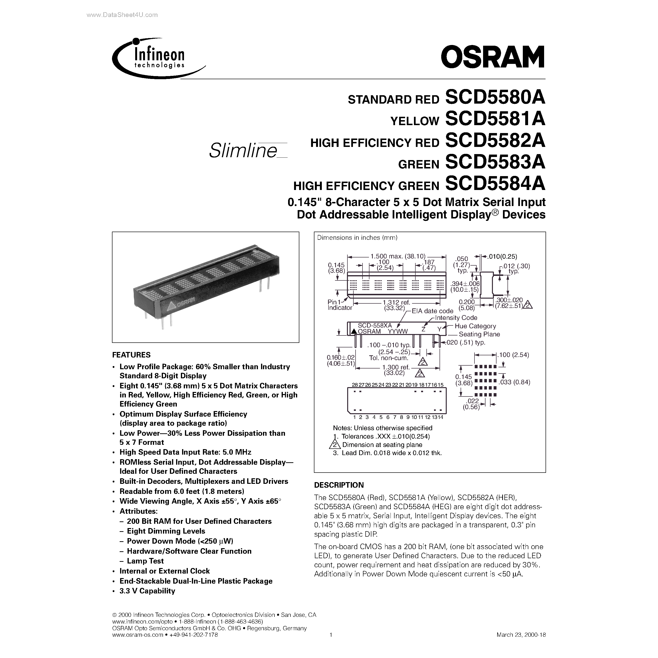 Даташит SCD5580A - (SCD5580A - SCD5584A) 8-Character 5 x 5 Dot Matrix Serial Input Dot Addressable Intelligent Display страница 1