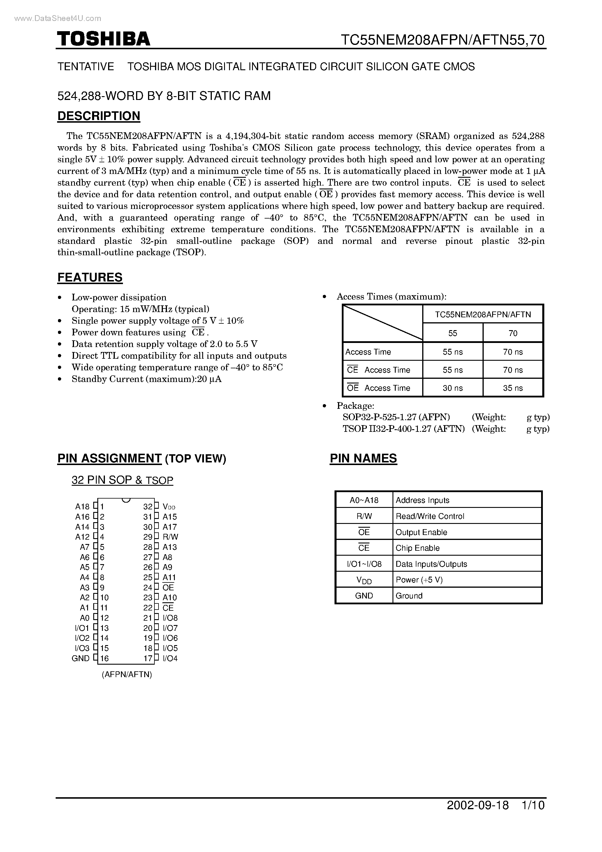 Datasheet TC55NEM208AFPN - TENTATIVE TOSHIBA MOS DIGITAL INTEGRATED CIRCUIT SILICON GATE CMOS page 1