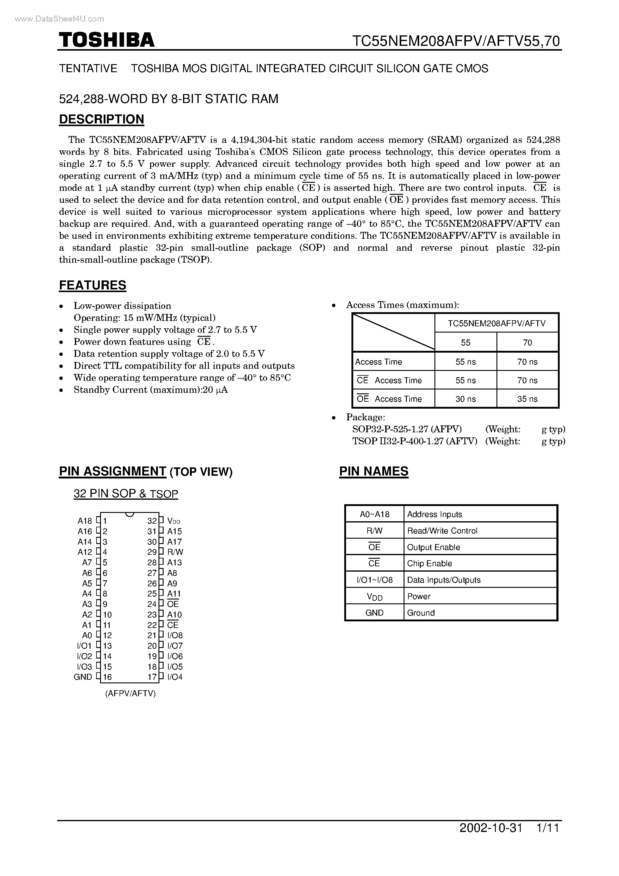 Datasheet TC55NEM208AFPV - STATIC RAM page 1