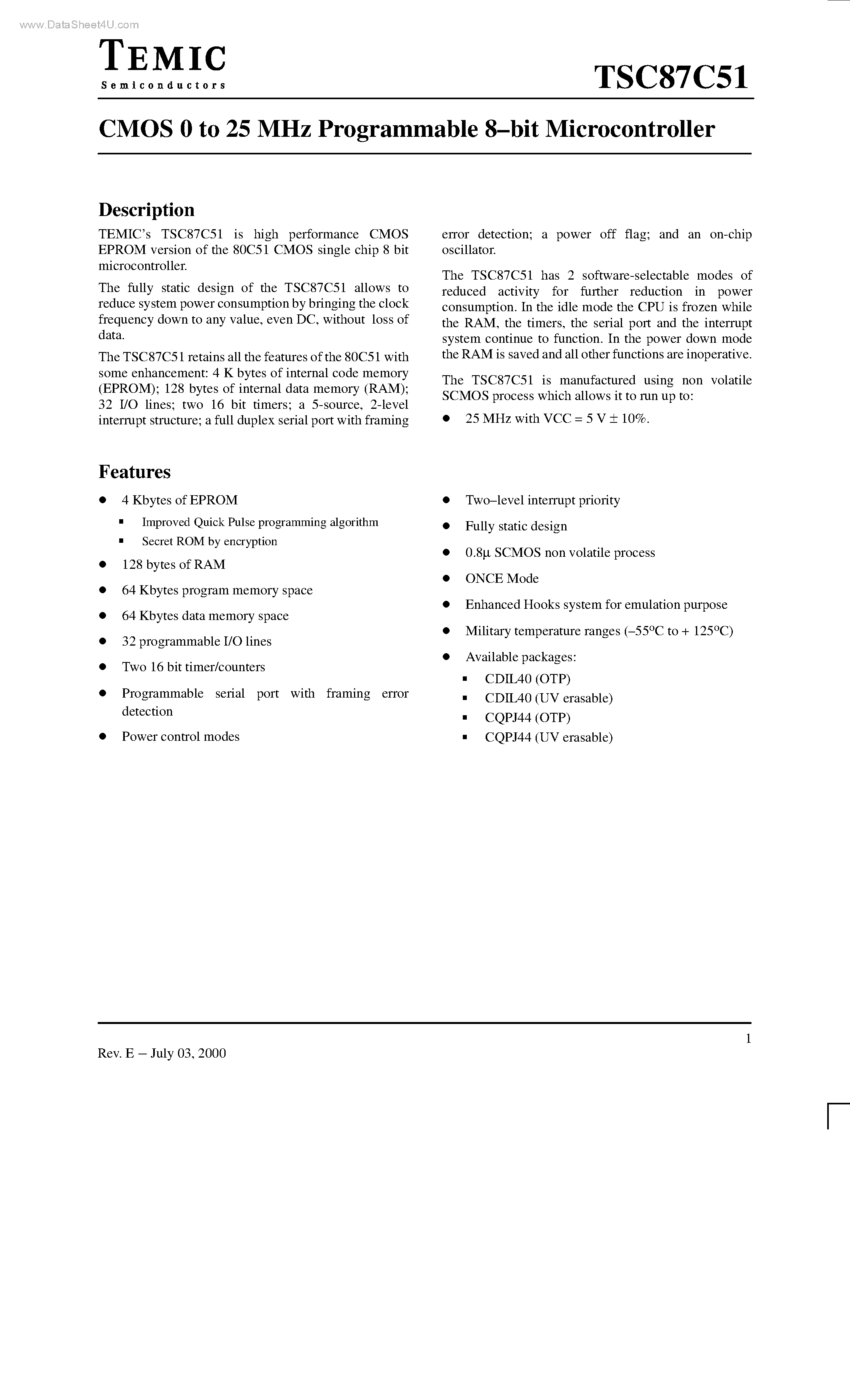 Datasheet TSC87C51 - CMOS 0 to 25 MHz Programmable 8-bit Microcontroller page 1