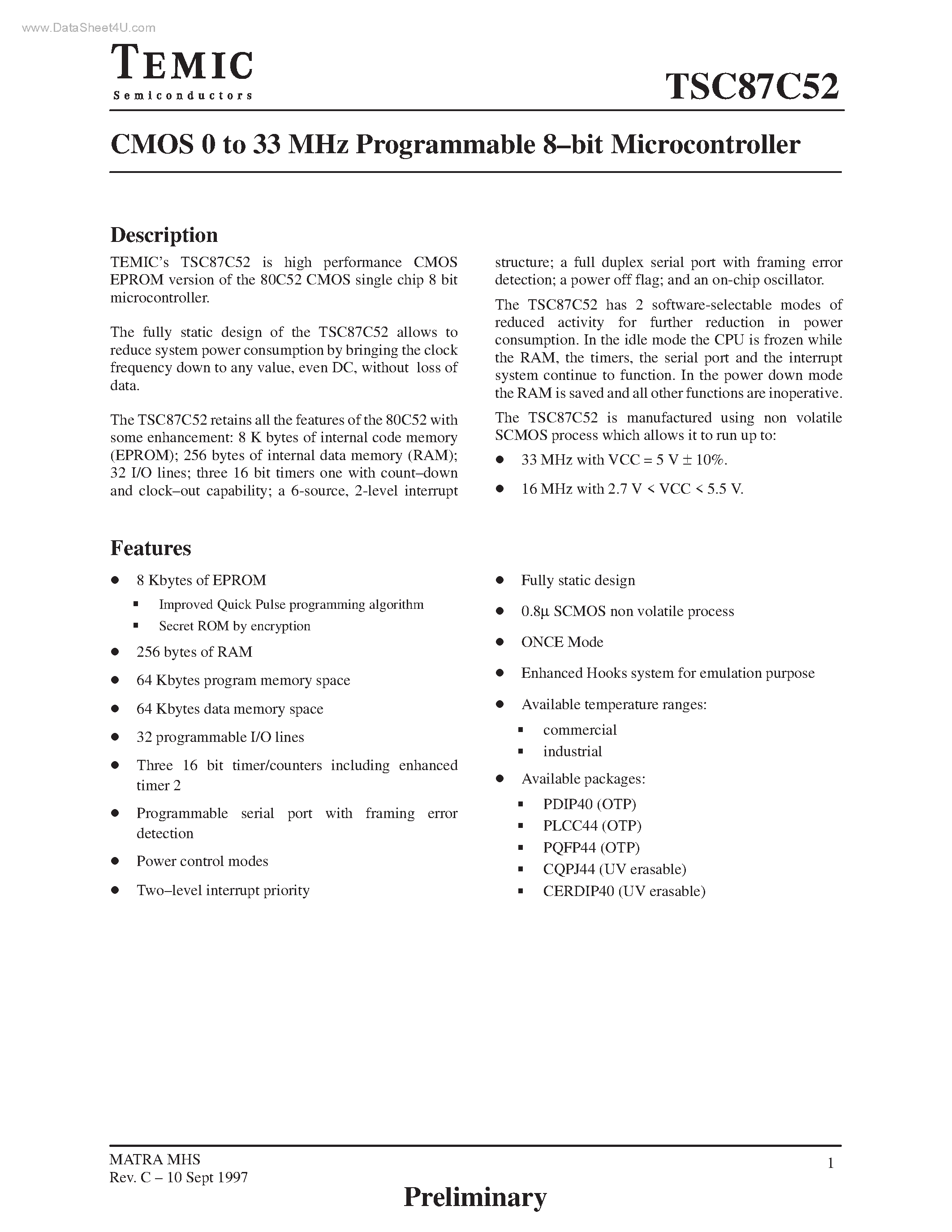 Даташит TSC87C52 - CMOS 0 to 33 MHz Programmable 8-Bit Microcontroller страница 1