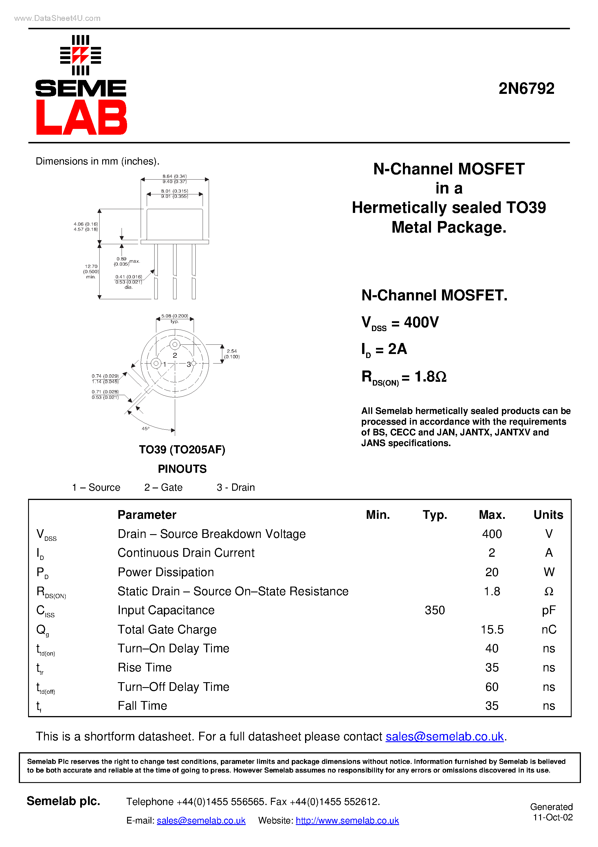 Даташит 2N6792 - N-Channel MOSFET страница 1