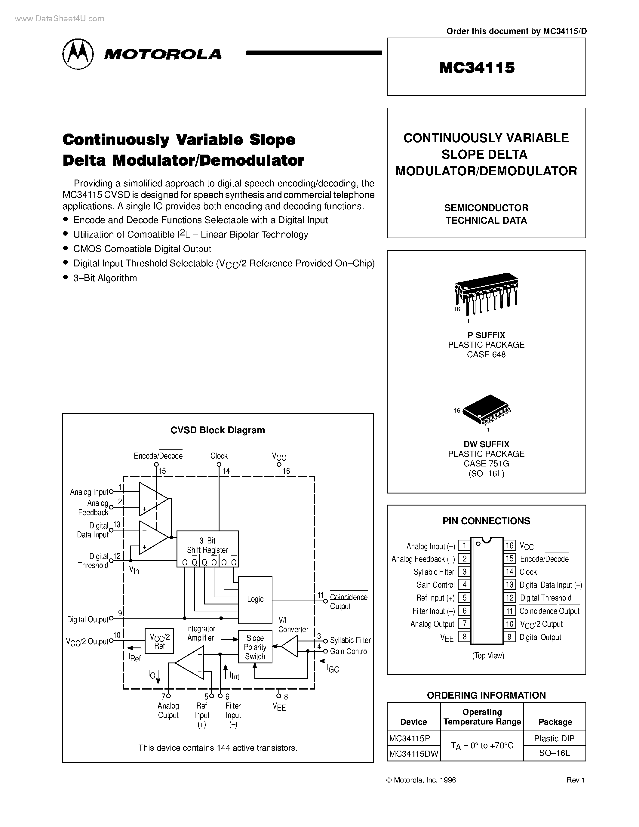 Даташит MC34115 - CONTINUOUSLY VARIABLE SLOPE DELTA MODULATOR/DEMODULATOR страница 1