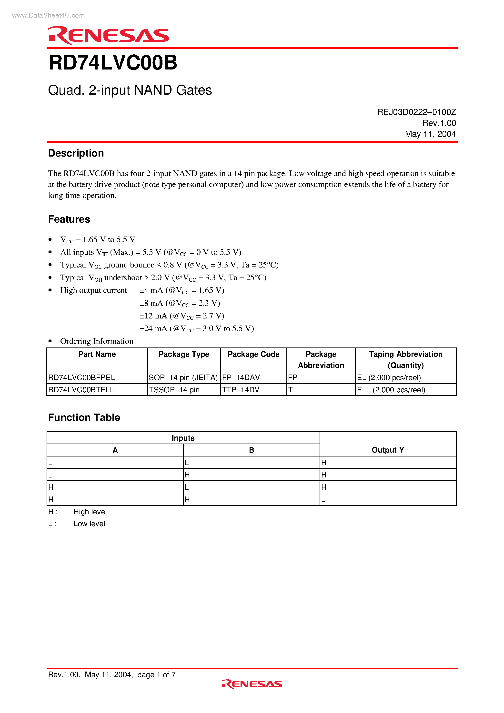 Даташит RD74LVC00B - Quad 2-input NAND Gates страница 1