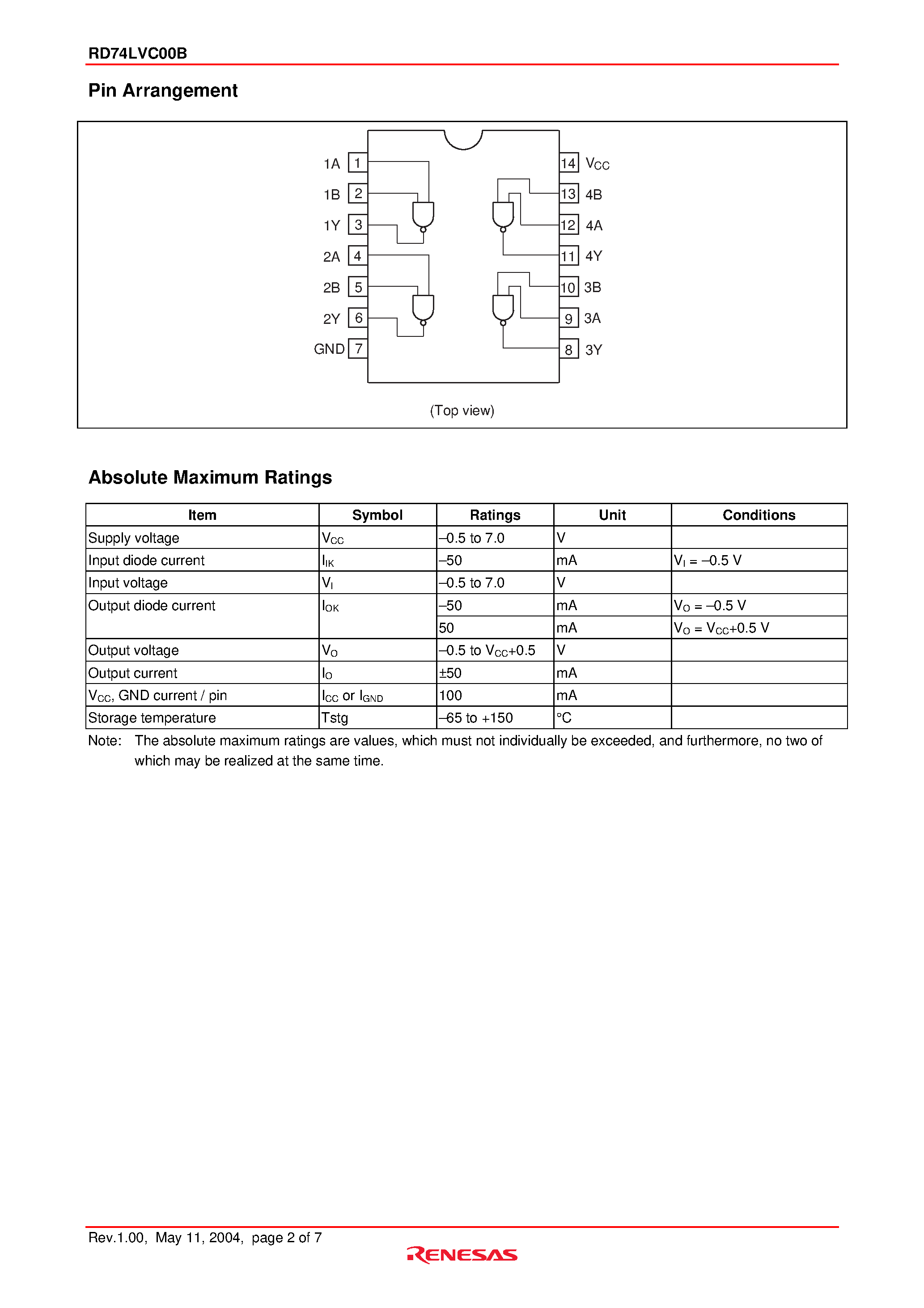 Даташит RD74LVC00B - Quad 2-input NAND Gates страница 2