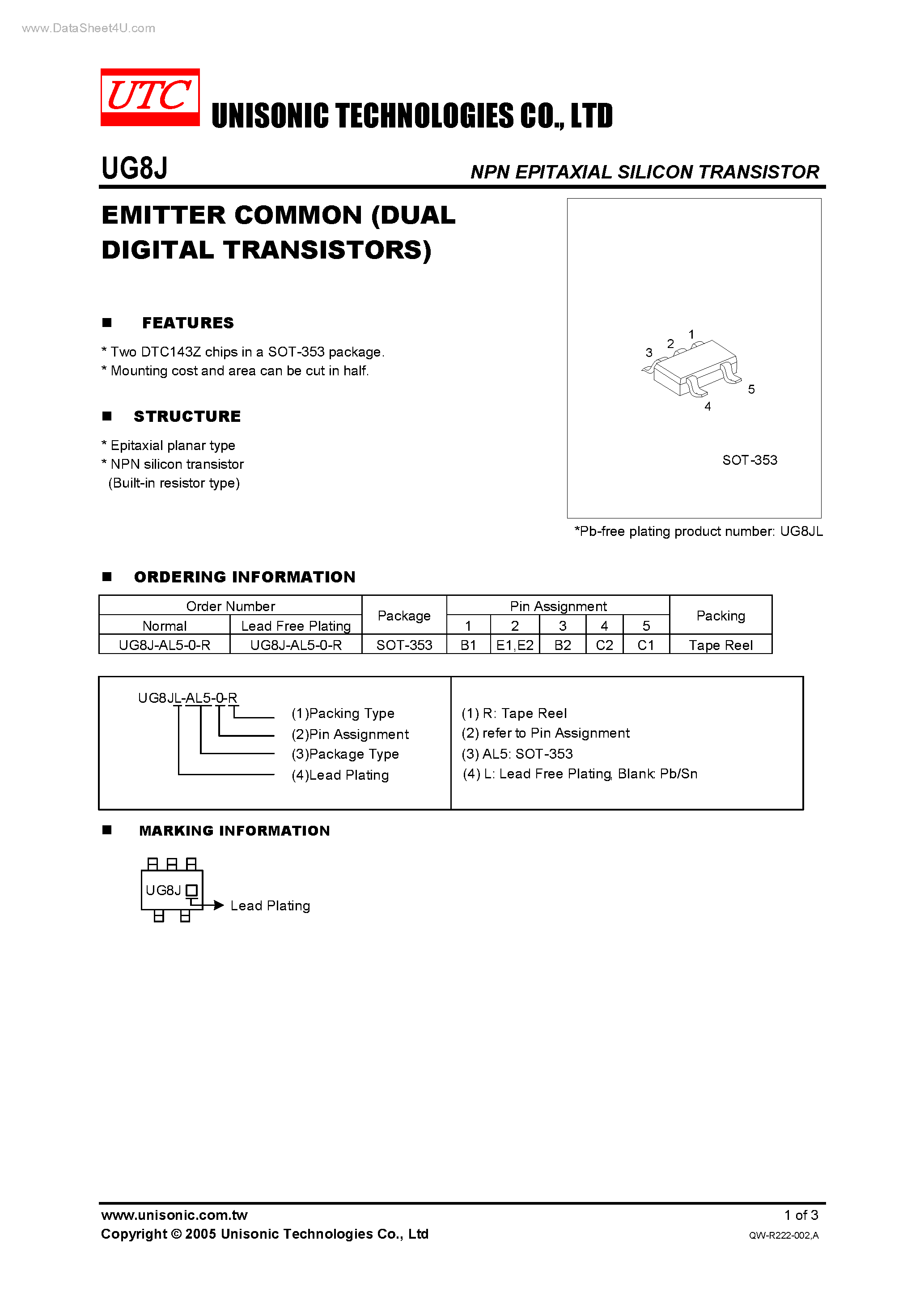 Даташит UG8J - DUAL DIGITAL TRANSISTORS страница 1