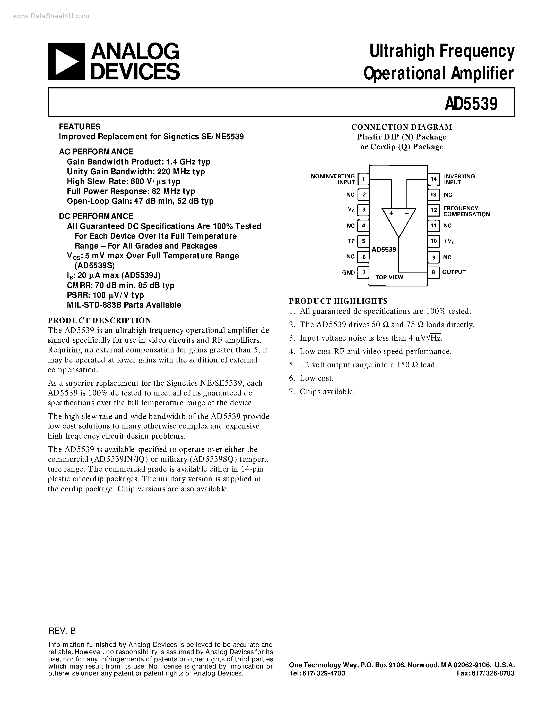 Datasheet AD5539 - Ultrahigh Frequency Operational Amplifier page 1