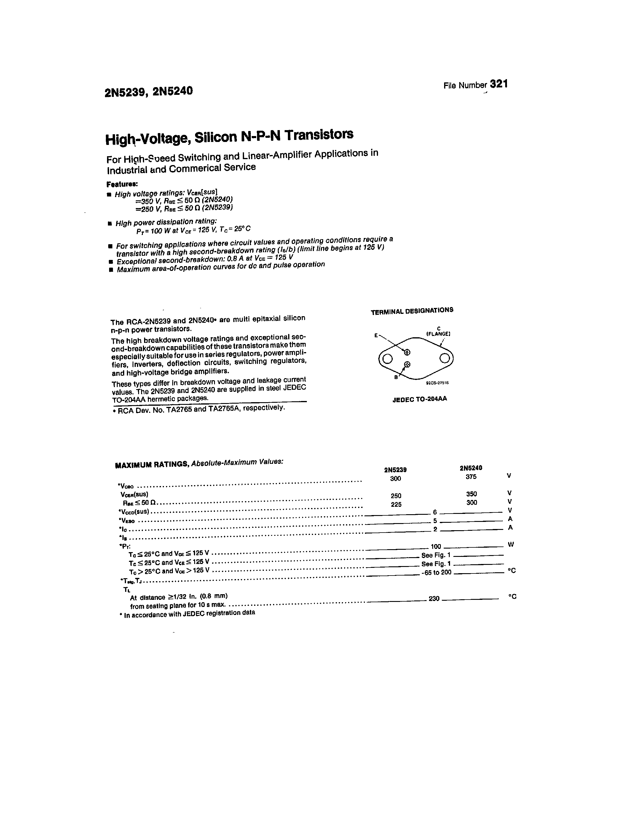 Даташит 2N5239 - (2N5239 / 2N5240) SILLCON N-P-N TRANSISTOR страница 1