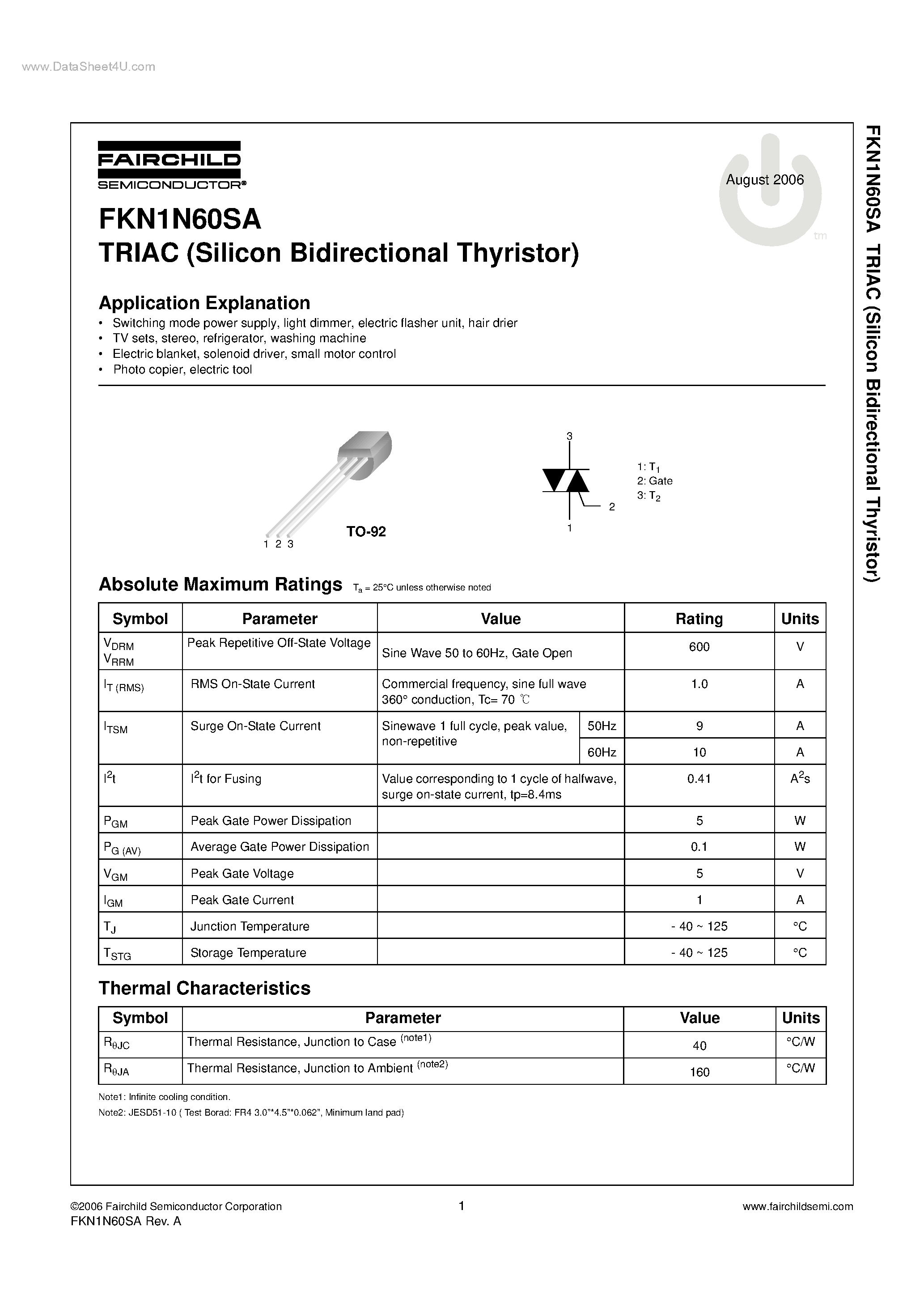 Даташит FKN1N60SA - TRIAC страница 1