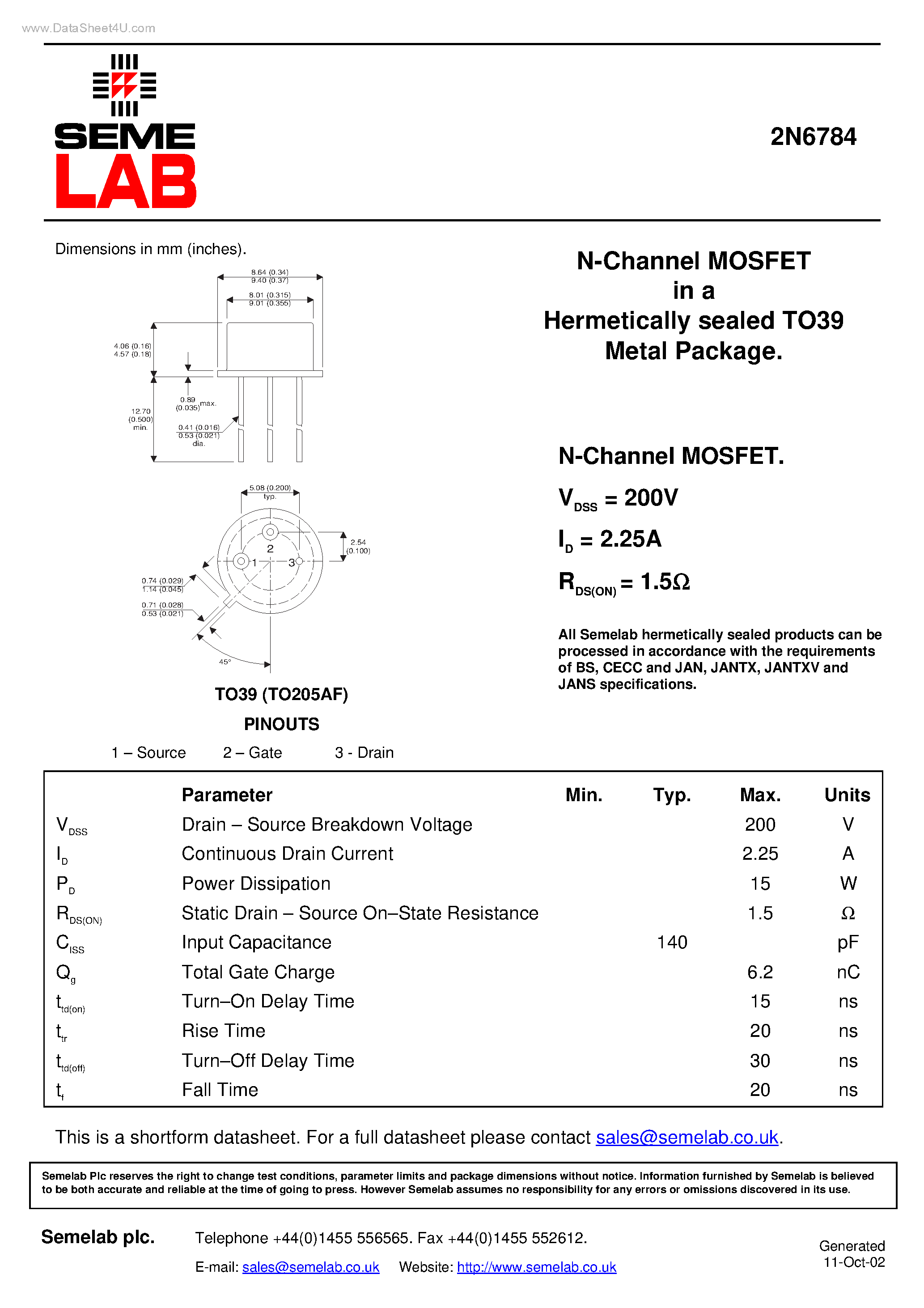 Даташит 2N6784 - N-Channel MOSFET страница 1