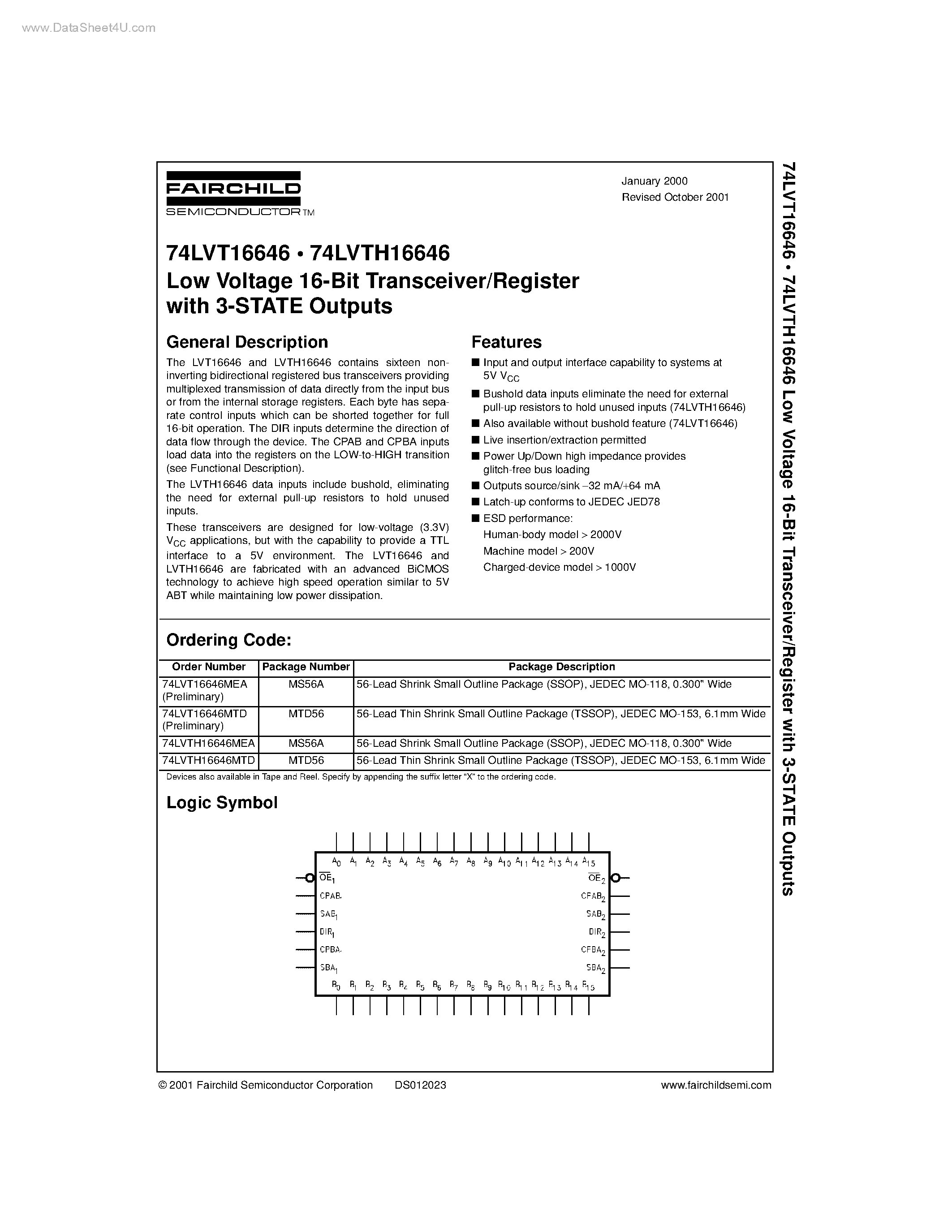 Даташит 74LVT16646 - Low Voltage 16-Bit Transceiver/Register страница 1