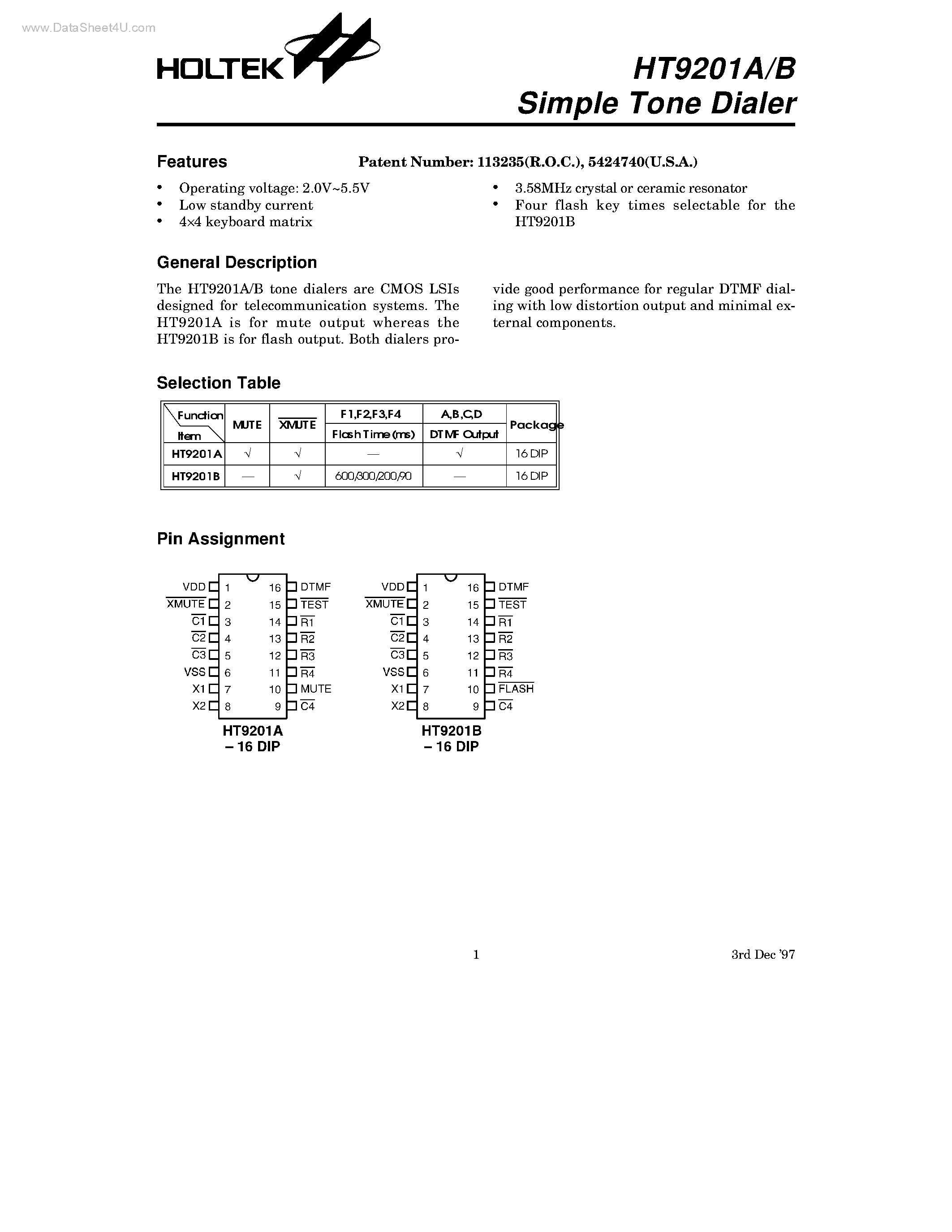 Datasheet HT9201A - (HT9201A/B) Simple Tone Dialer page 1