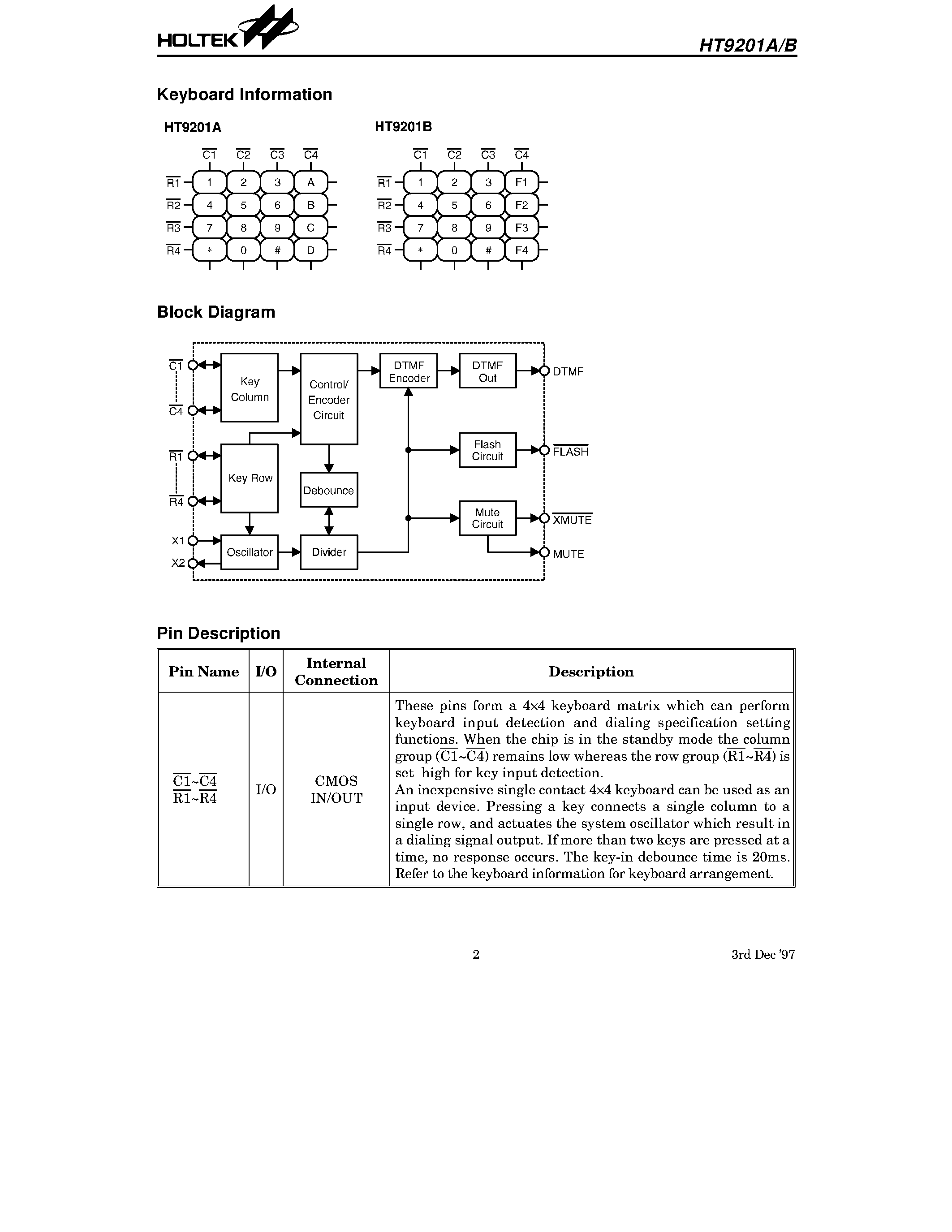 Datasheet HT9201A - (HT9201A/B) Simple Tone Dialer page 2