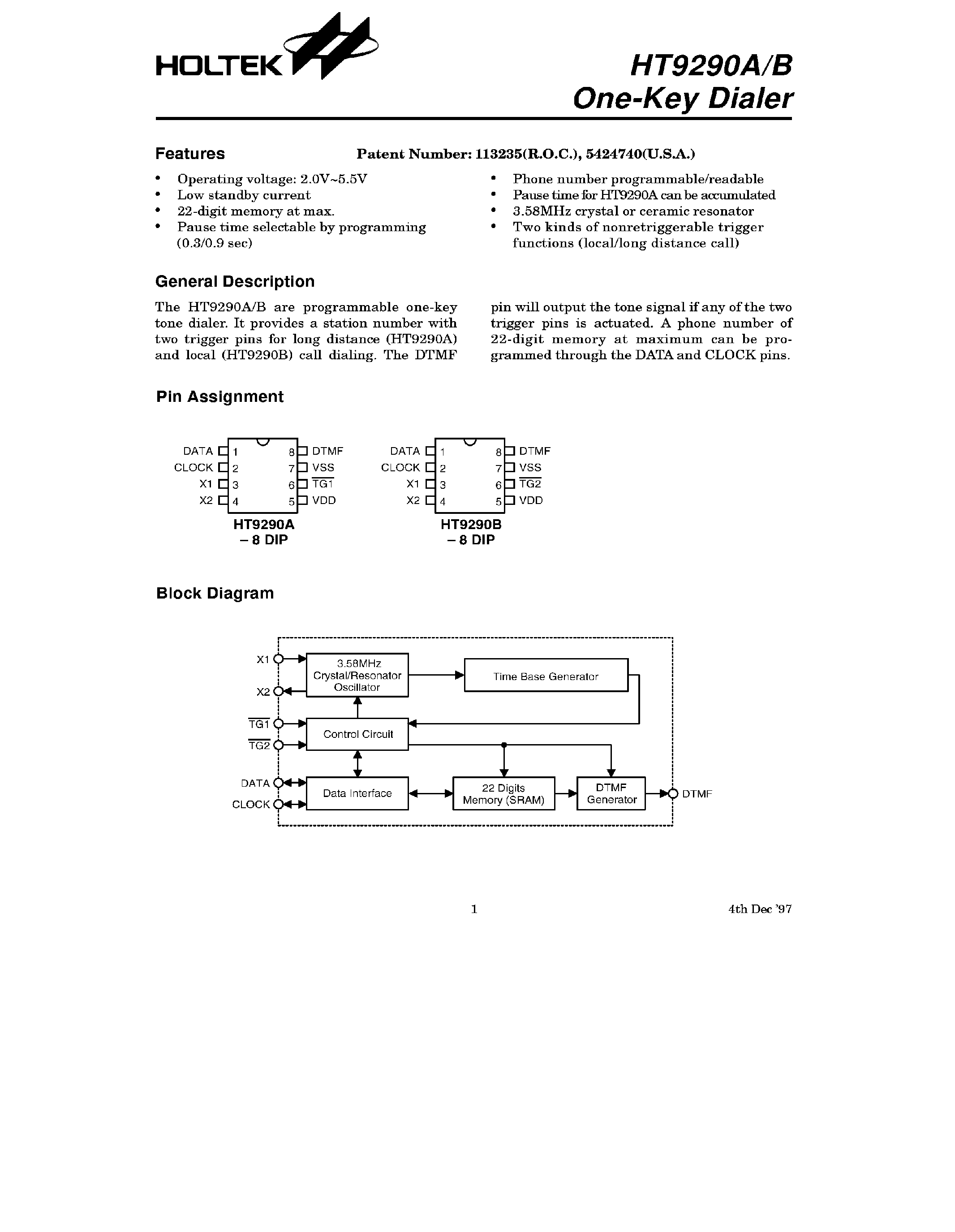 Datasheet HT9290A - (HT9290A/B) One-Key Dialer page 1