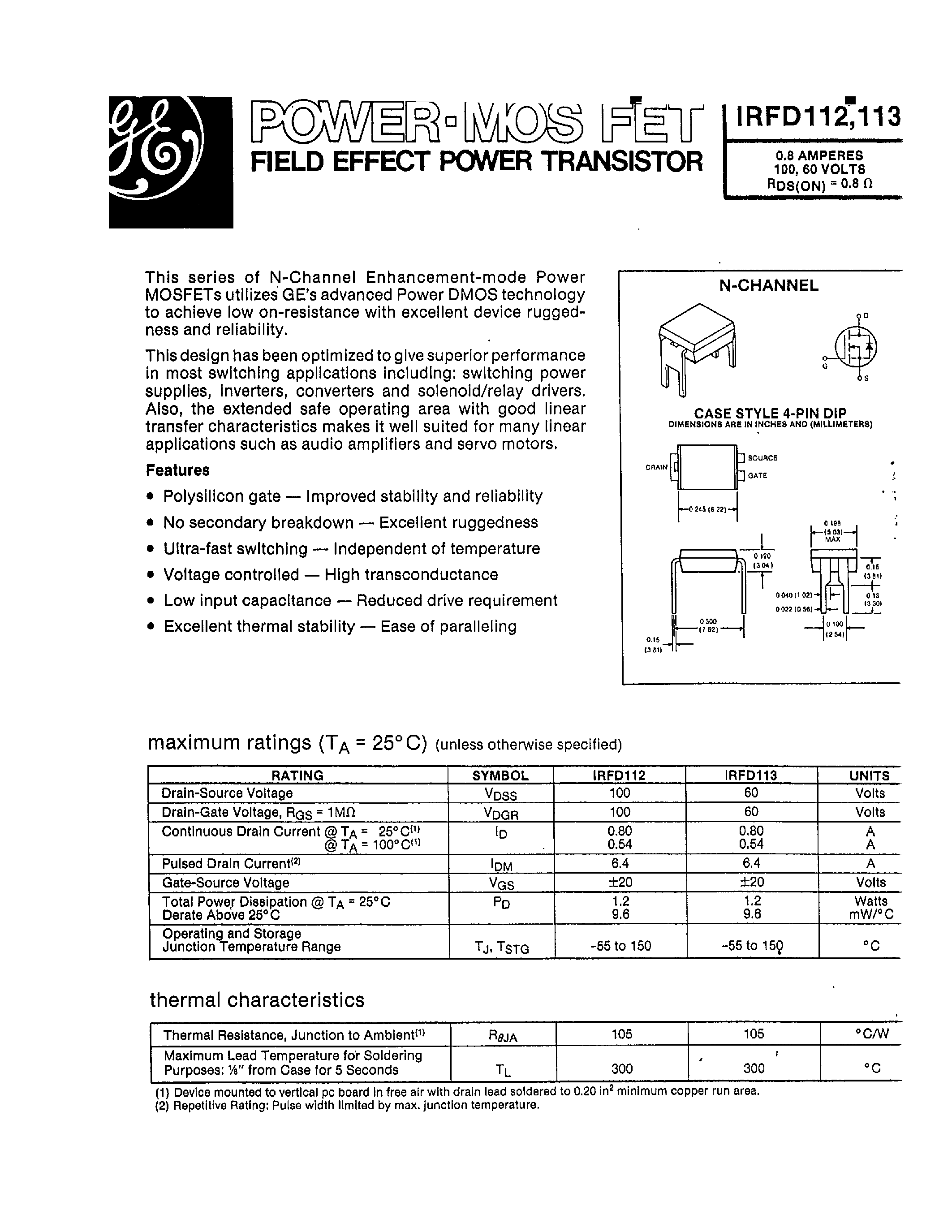 Даташит IRFD112 - (IRFD112 / IRFD113) POWER-MOSFET FIELD EFFECT POWER TRANSISTOR страница 1