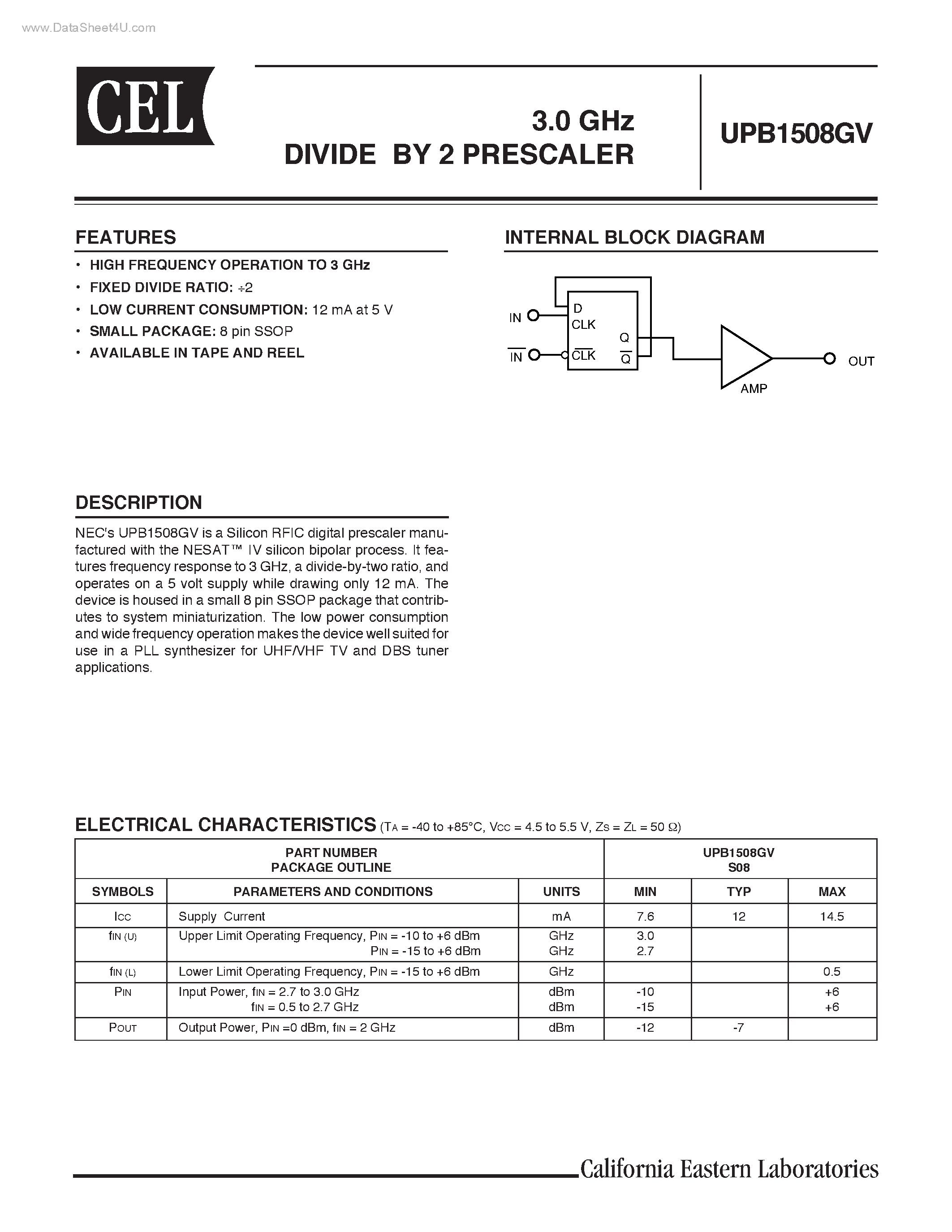 Даташит UPB1508GV - 3.0 GHz DIVIDE BY 2 PRESCALER страница 1