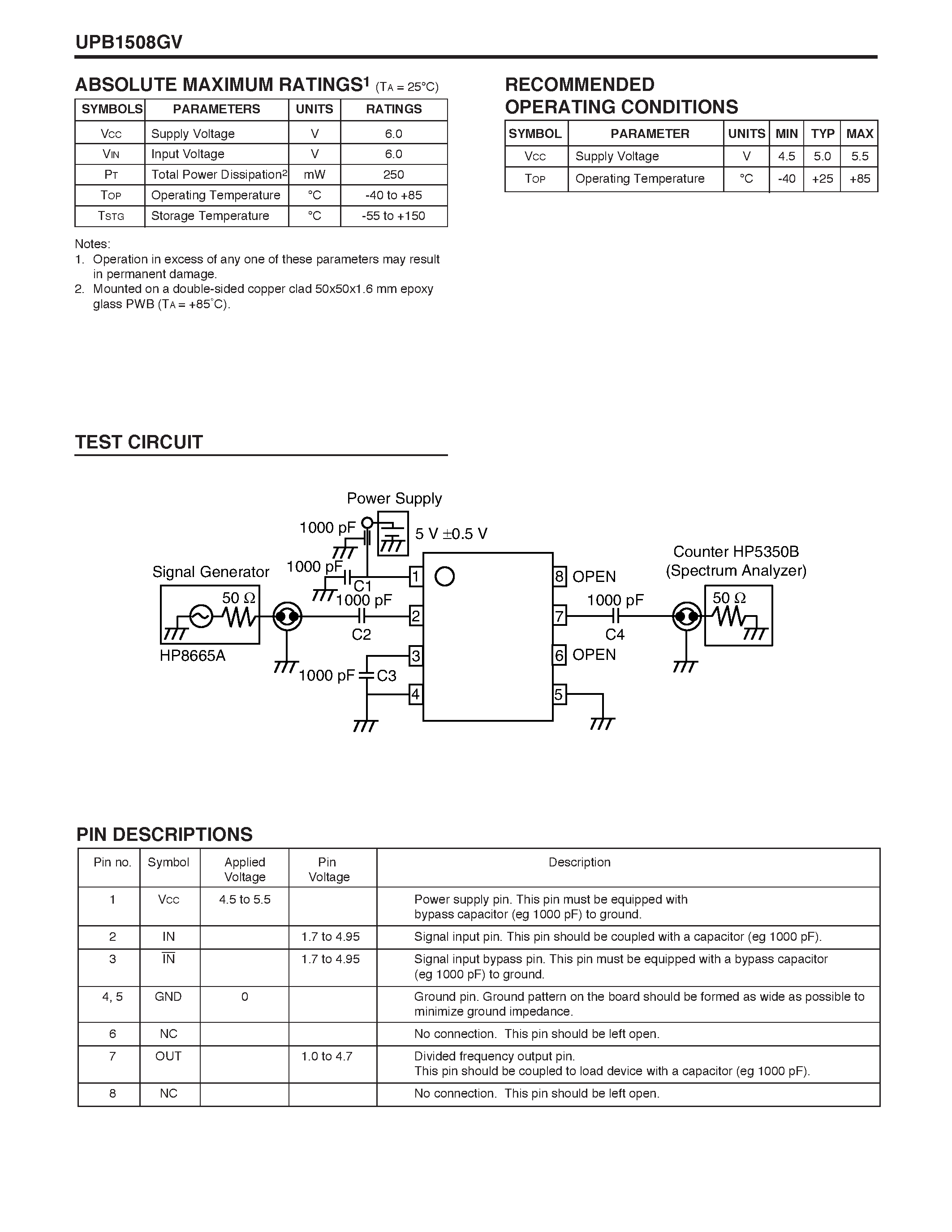 Даташит UPB1508GV - 3.0 GHz DIVIDE BY 2 PRESCALER страница 2