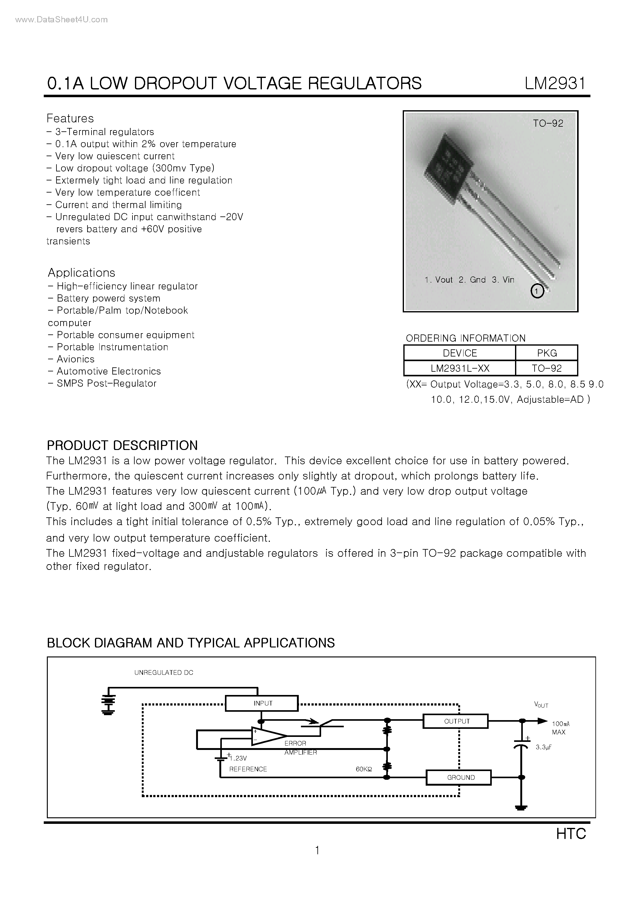 Datasheet LM2931 - 0.1A LOW DROPOUT VOLTAGE REGULATORS page 1