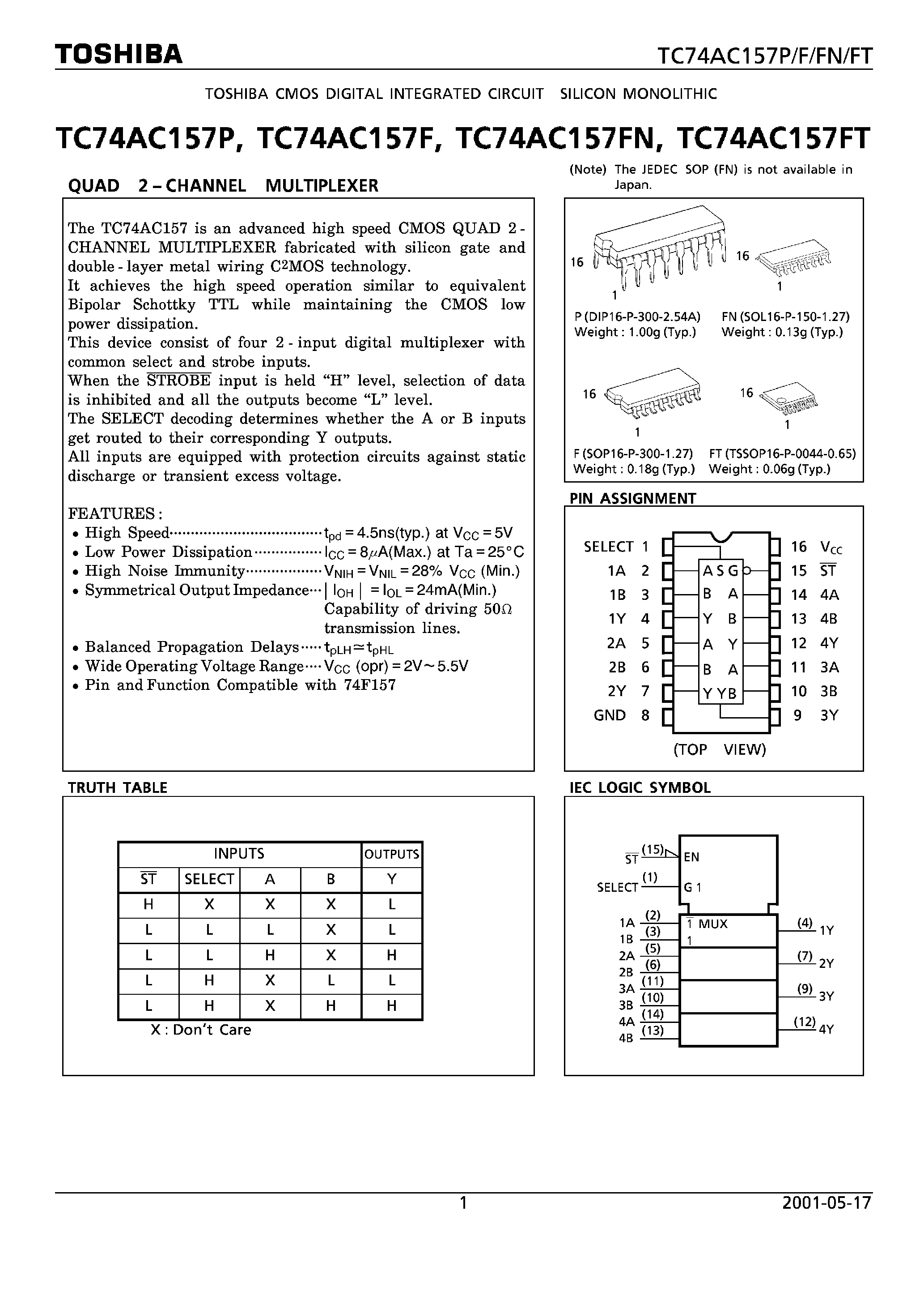 Даташит TC74AC157F - (TC74AC157) QUAD 2-CHANNEL MULTIPLEXER страница 1