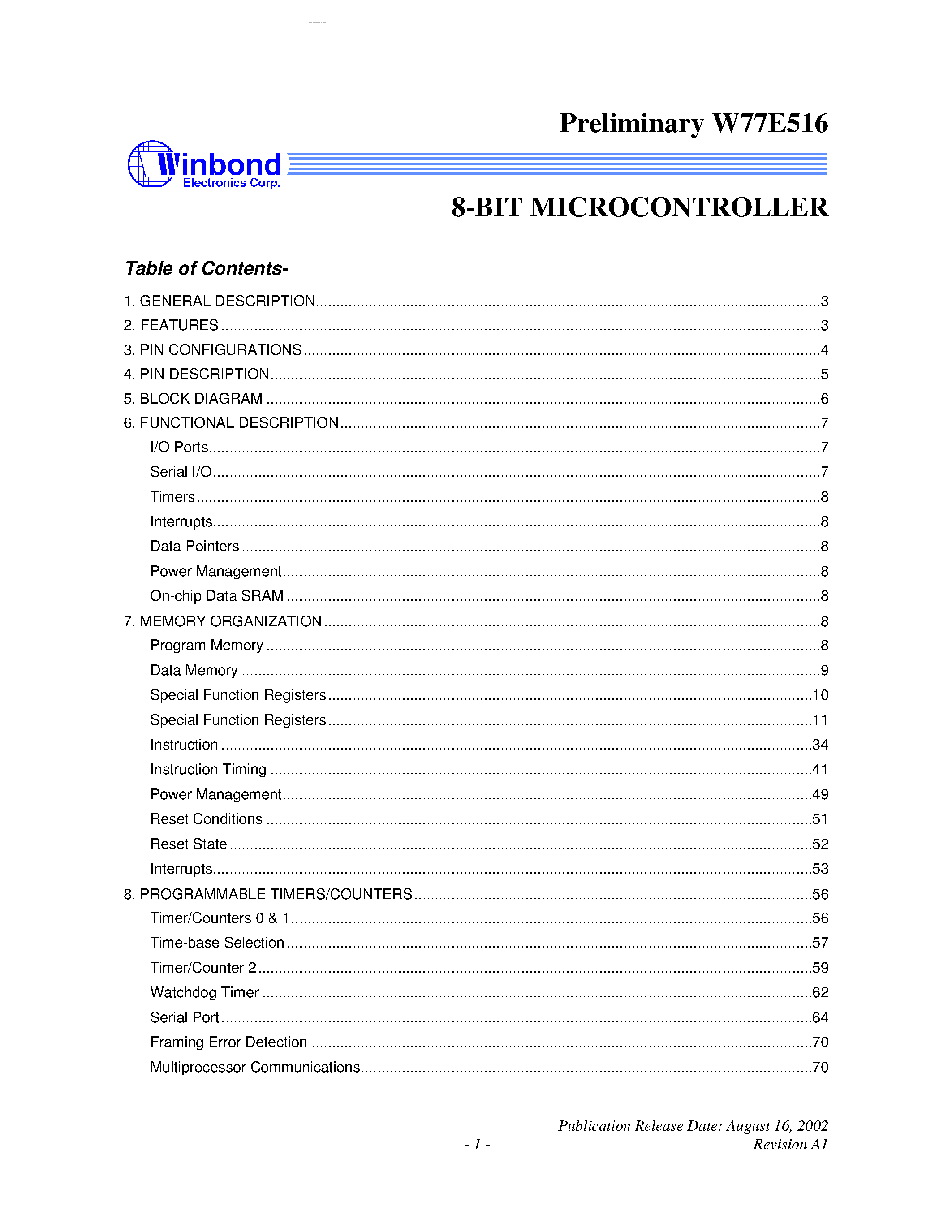 Даташит W77E516 - 8-BIT MICROCONTROLLER страница 1