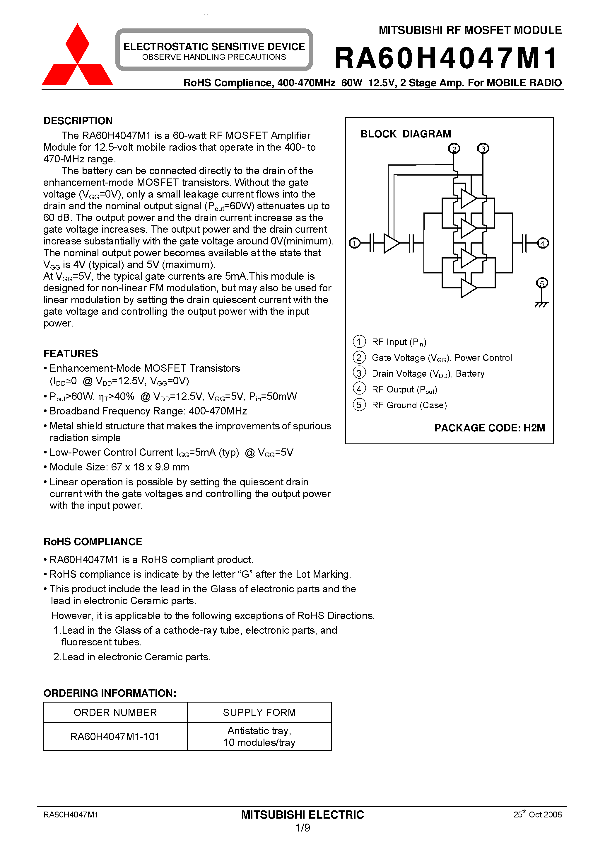 Даташит RA60H4047M1 - 2 Stage Amp страница 1