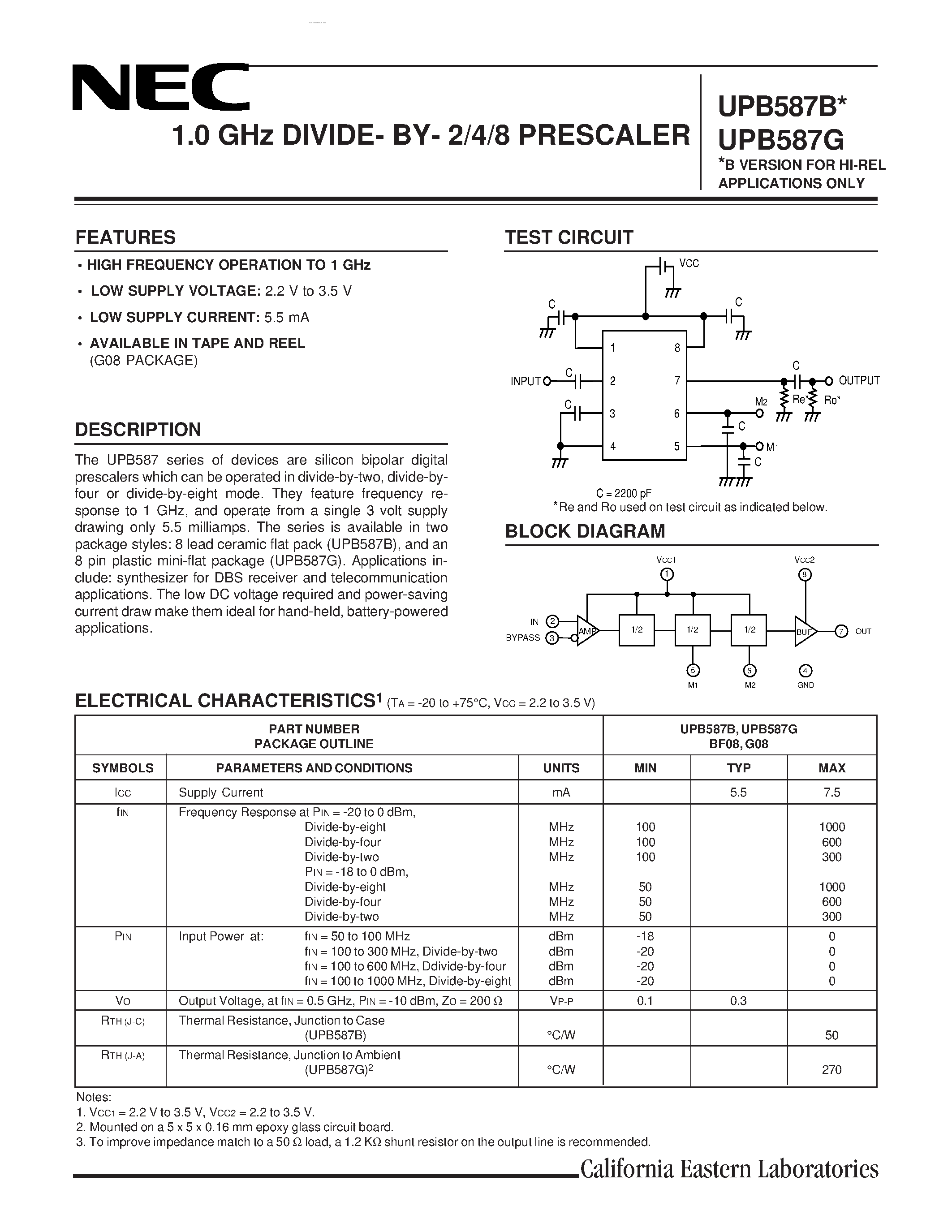 Даташит UPB587B - 1.0 GHz DIVIDE- BY- 2/4/8 PRESCALER страница 1