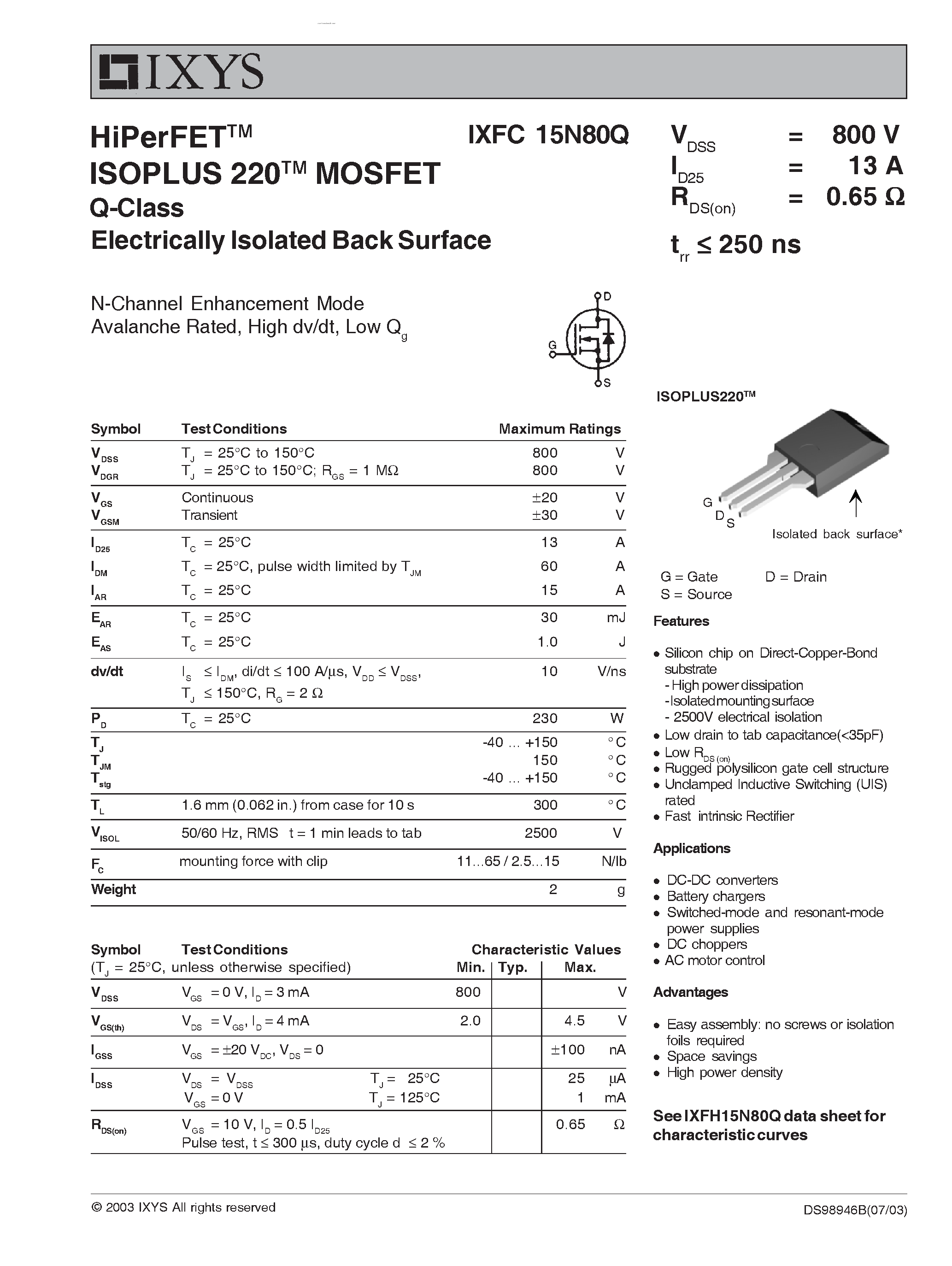 Datasheet IXFC15N80Q - HiPerFET ISOPLUS 220 MOSFET Q-Class Electrically Isolated Back Surface page 1