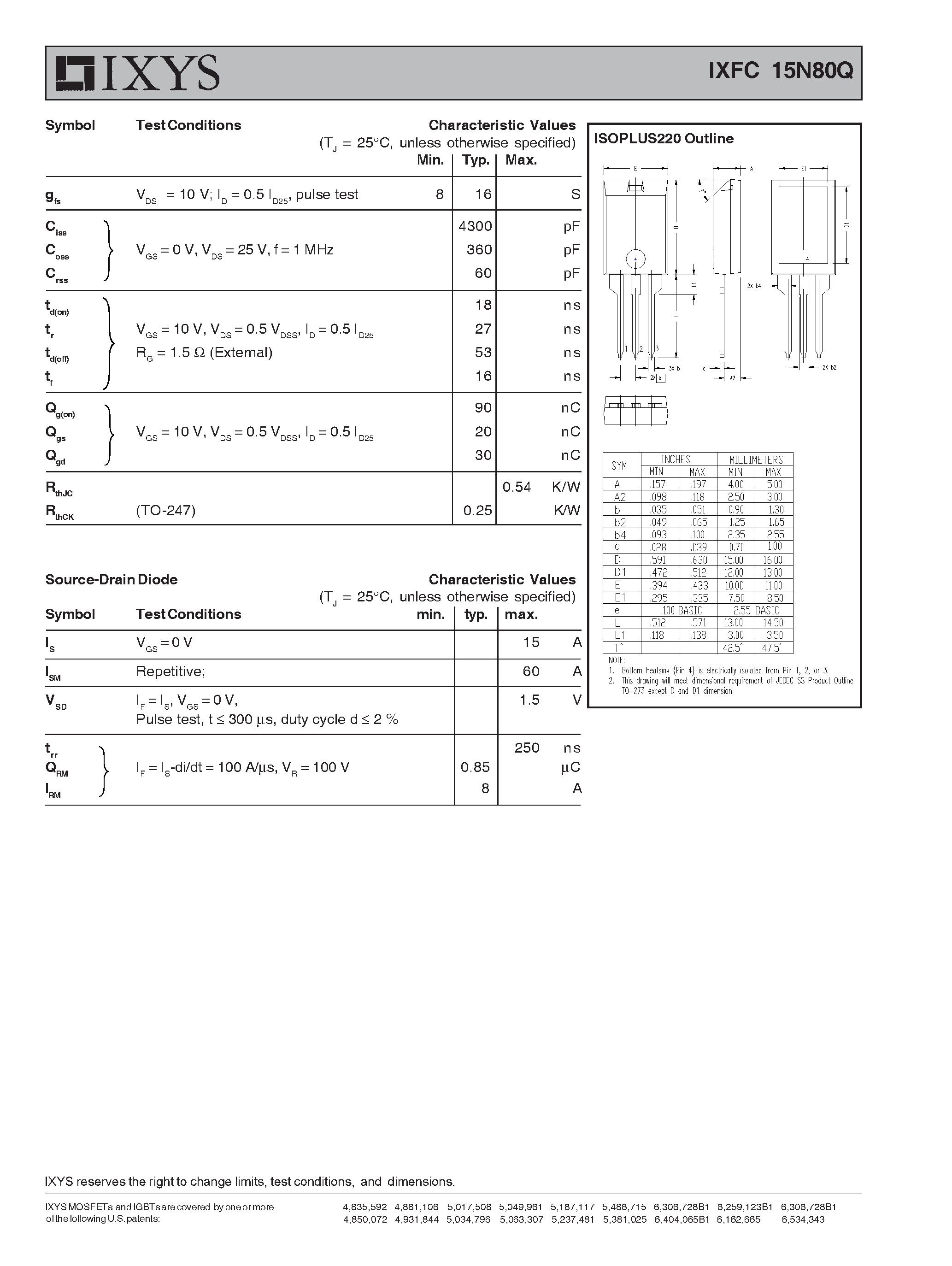 Datasheet IXFC15N80Q - HiPerFET ISOPLUS 220 MOSFET Q-Class Electrically Isolated Back Surface page 2