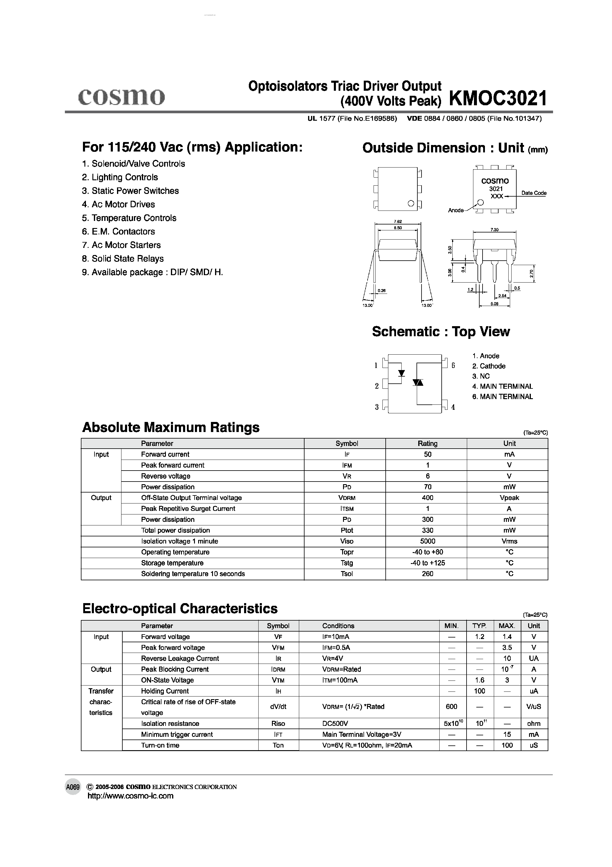 Даташит KMOC3021 - Optoisolators Triac Driver Output страница 1