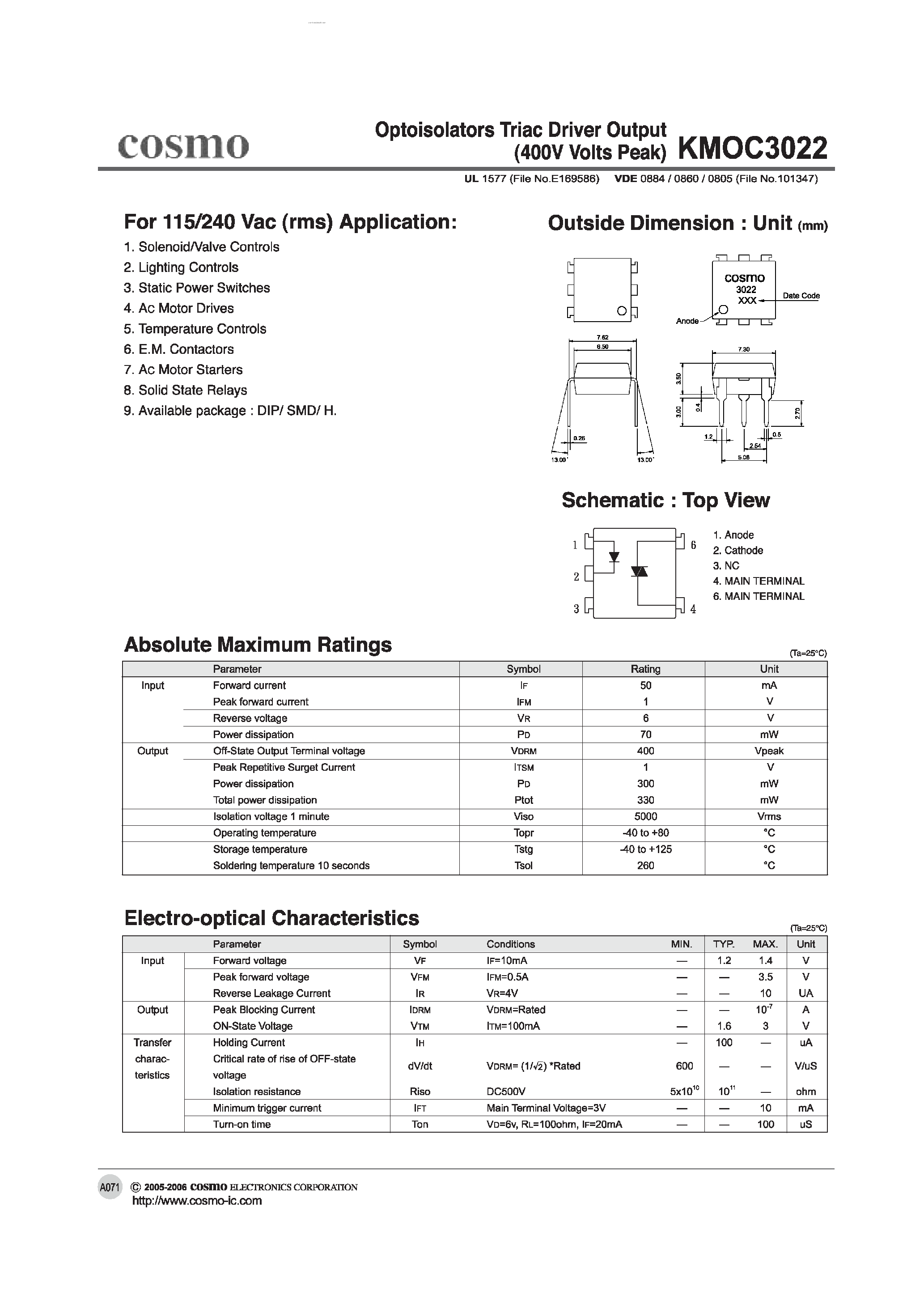 Даташит KMOC3022 - OPTOISOLATORS TRIAC DRIVER OUTPUT страница 1