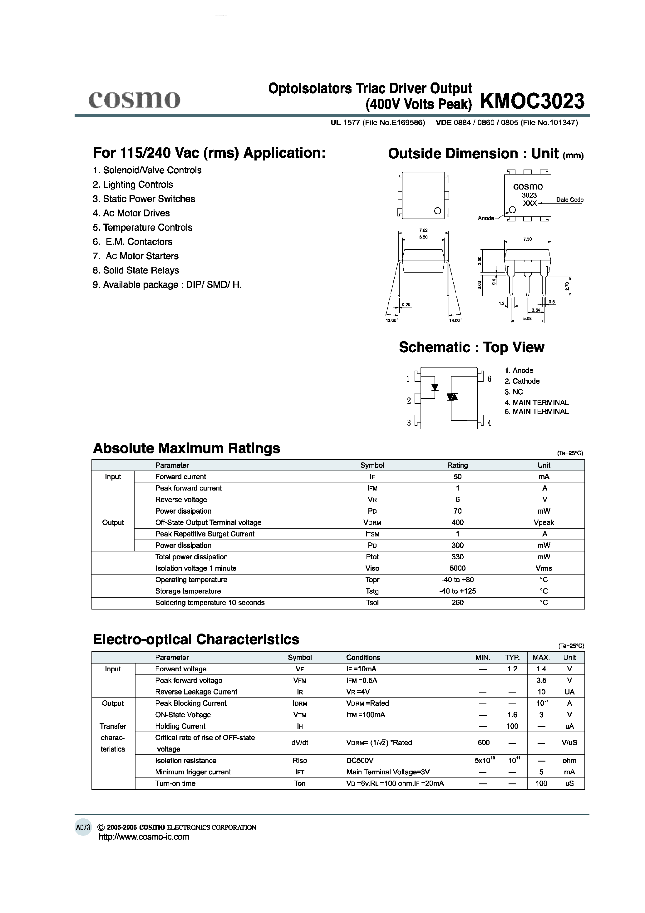 Даташит KMOC3023 - OPTOISOLATORS TRIAC DRIVER OUTPUT страница 1